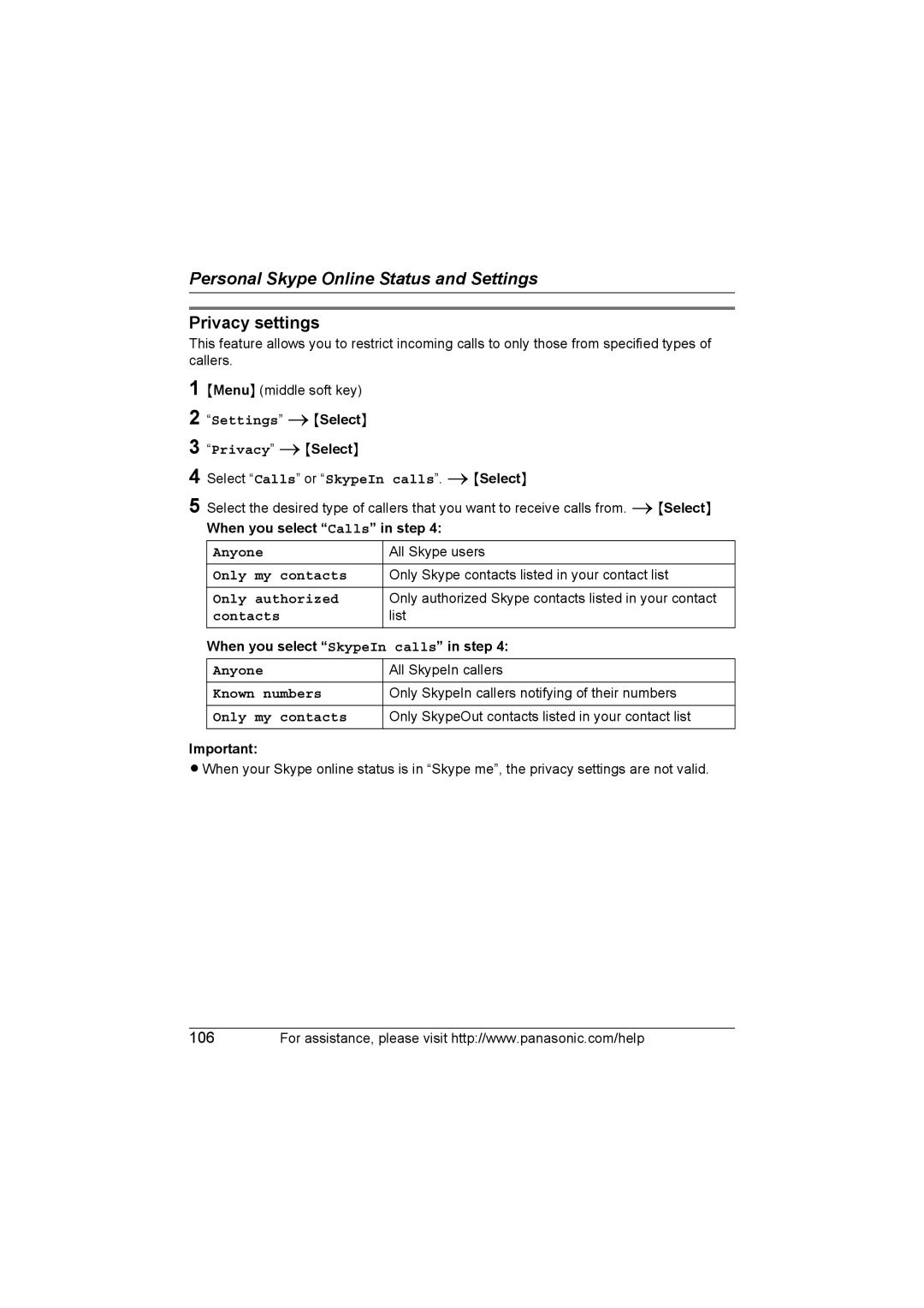 Panasonic KX WP1050 operating instructions Privacy settings 