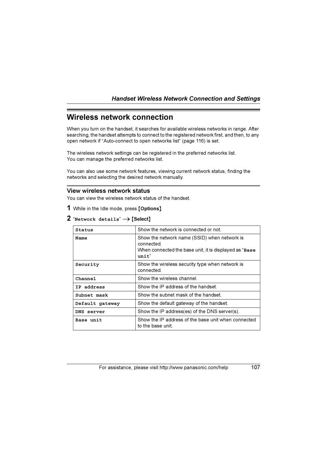 Panasonic KX WP1050 operating instructions Wireless network connection, View wireless network status 