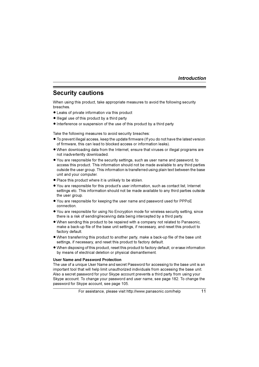 Panasonic KX WP1050 operating instructions Security cautions, User Name and Password Protection 