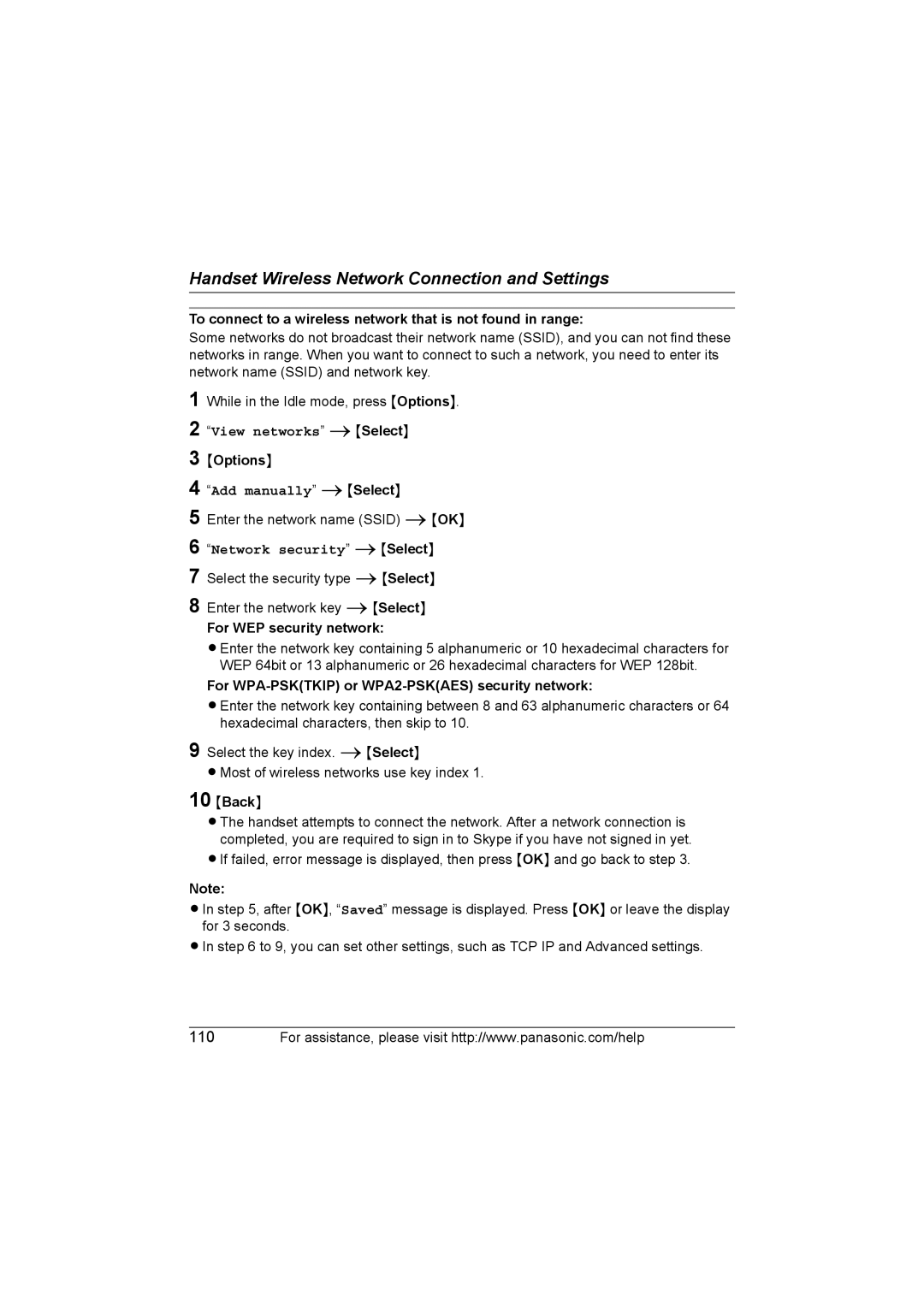 Panasonic KX WP1050 To connect to a wireless network that is not found in range, Add manually iSelect, Back 