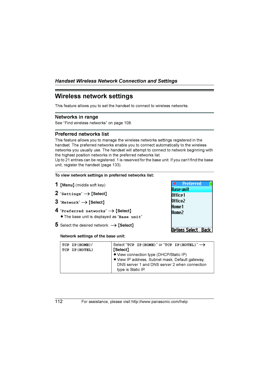 Panasonic KX WP1050 operating instructions Wireless network settings, Networks in range, Preferred networks list 