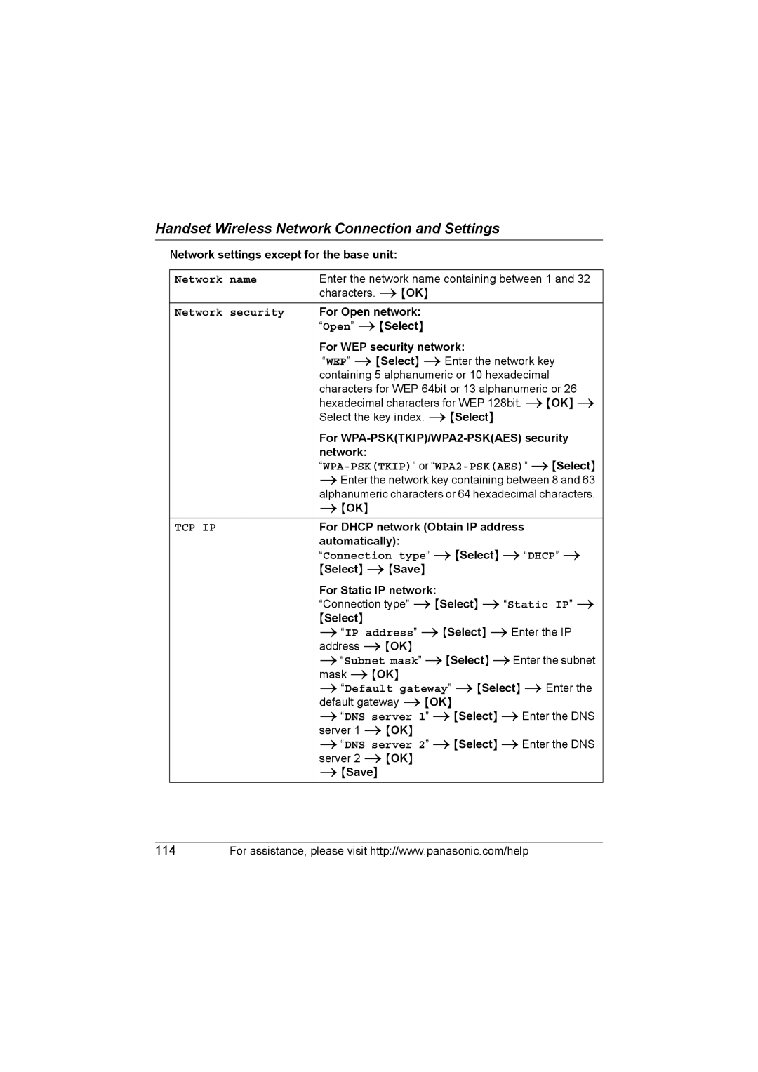 Panasonic KX WP1050 operating instructions WPA-PSKTKIP or WPA2-PSKAES i Select, Connection type i Select i Dhcp 