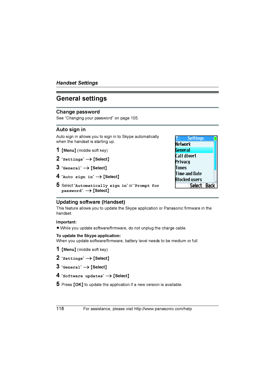 Panasonic KX WP1050 operating instructions General settings, Change password, Auto sign, Updating software Handset 