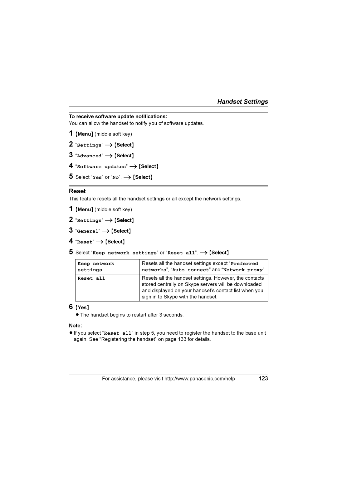 Panasonic KX WP1050 operating instructions Reset 