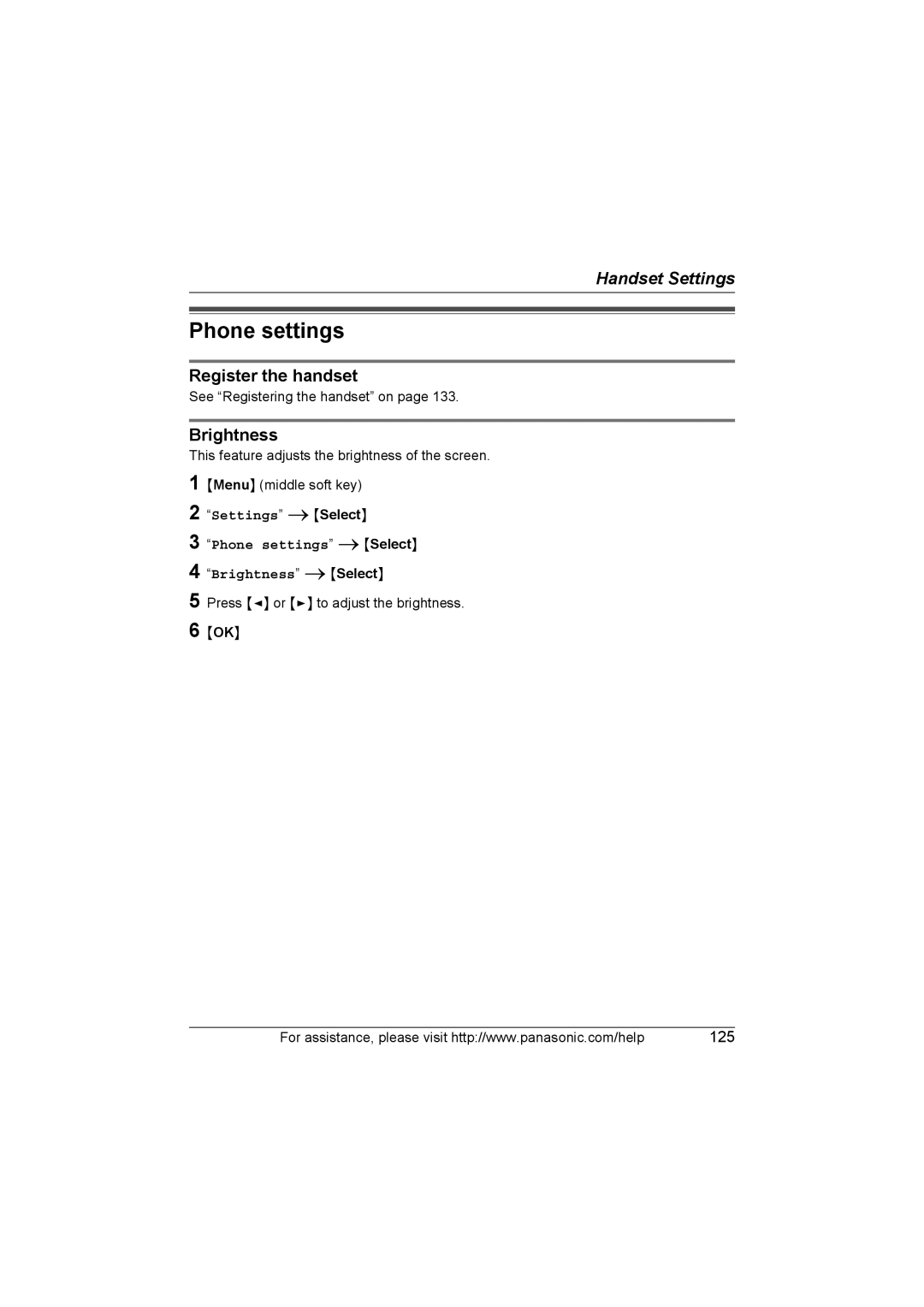 Panasonic KX WP1050 operating instructions Phone settings, Register the handset, Brightness 