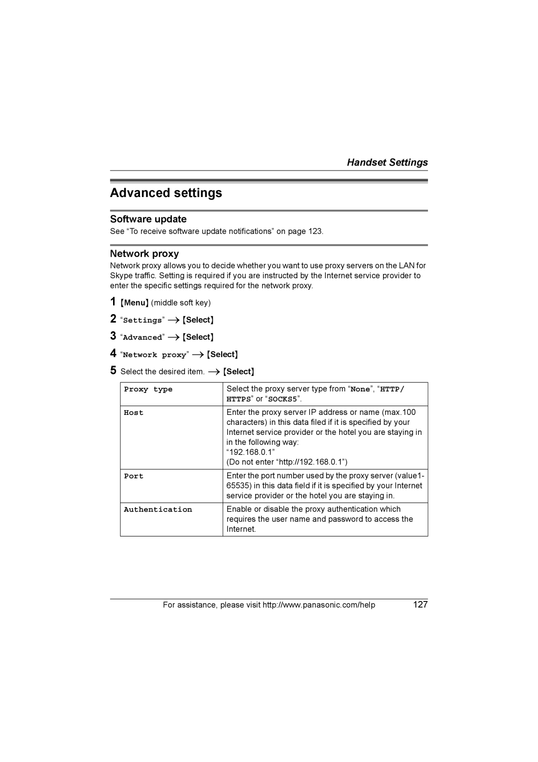 Panasonic KX WP1050 operating instructions Advanced settings, Software update, Network proxy 