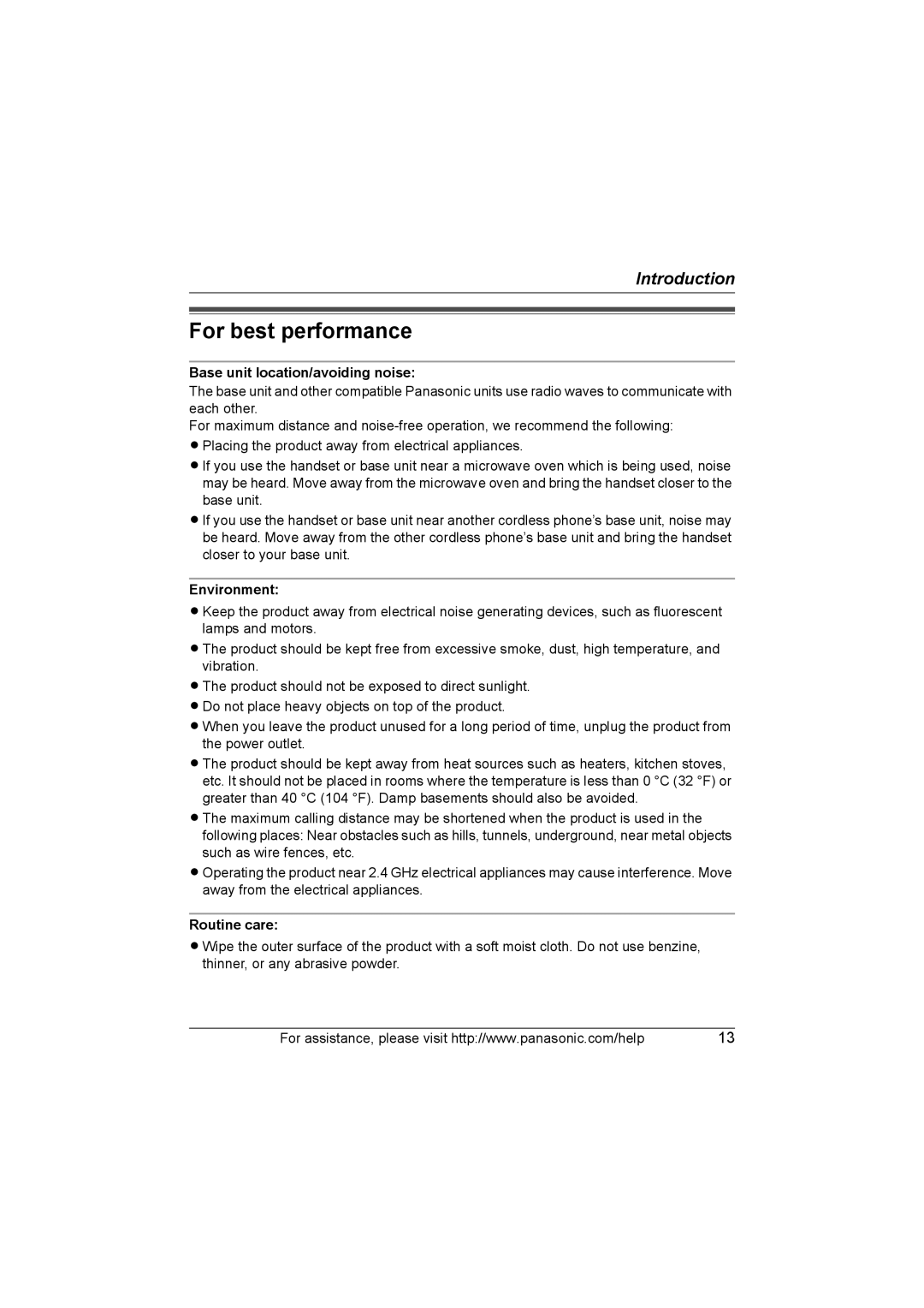 Panasonic KX WP1050 For best performance, Base unit location/avoiding noise, Environment, Routine care 