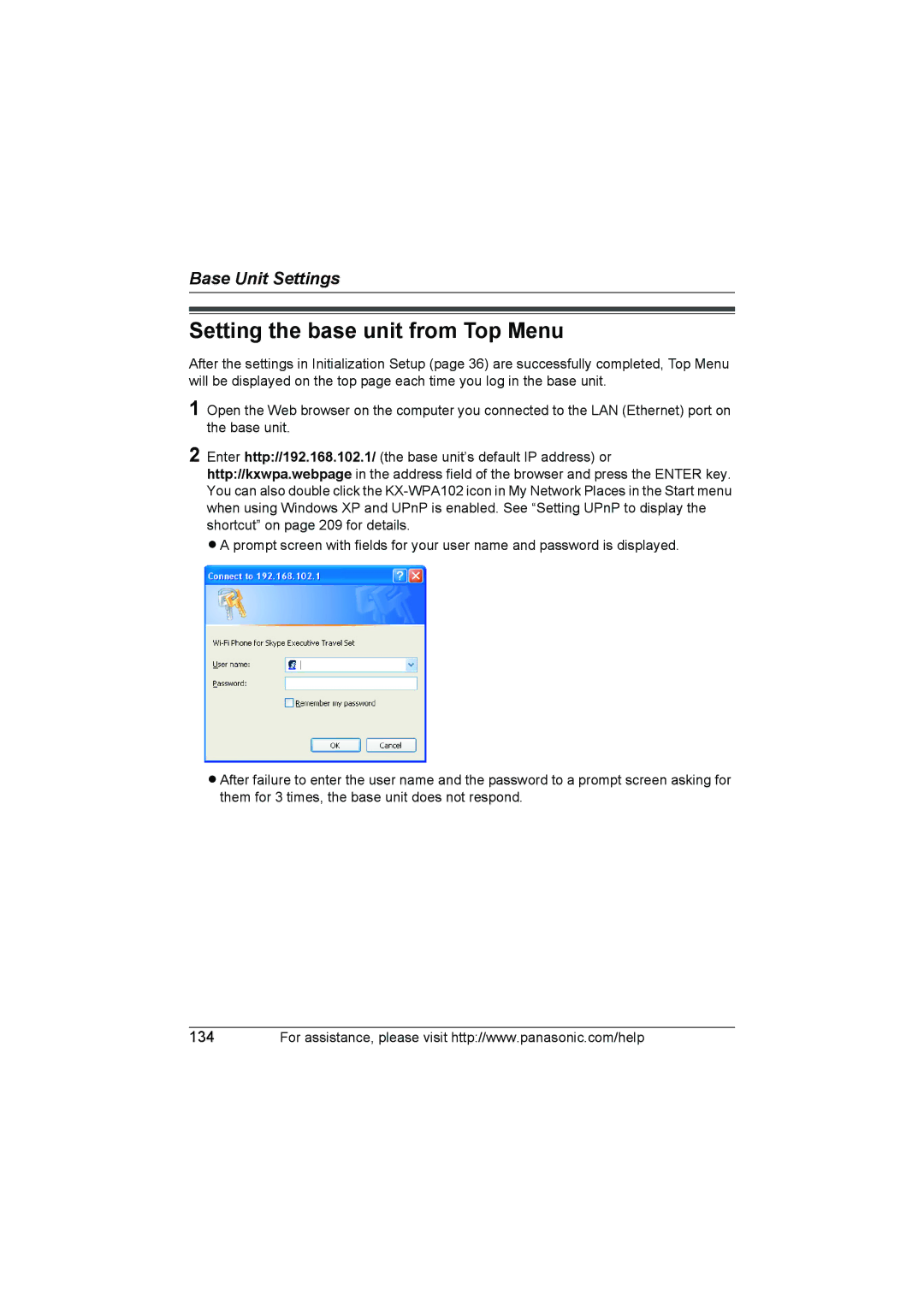 Panasonic KX WP1050 operating instructions Setting the base unit from Top Menu 