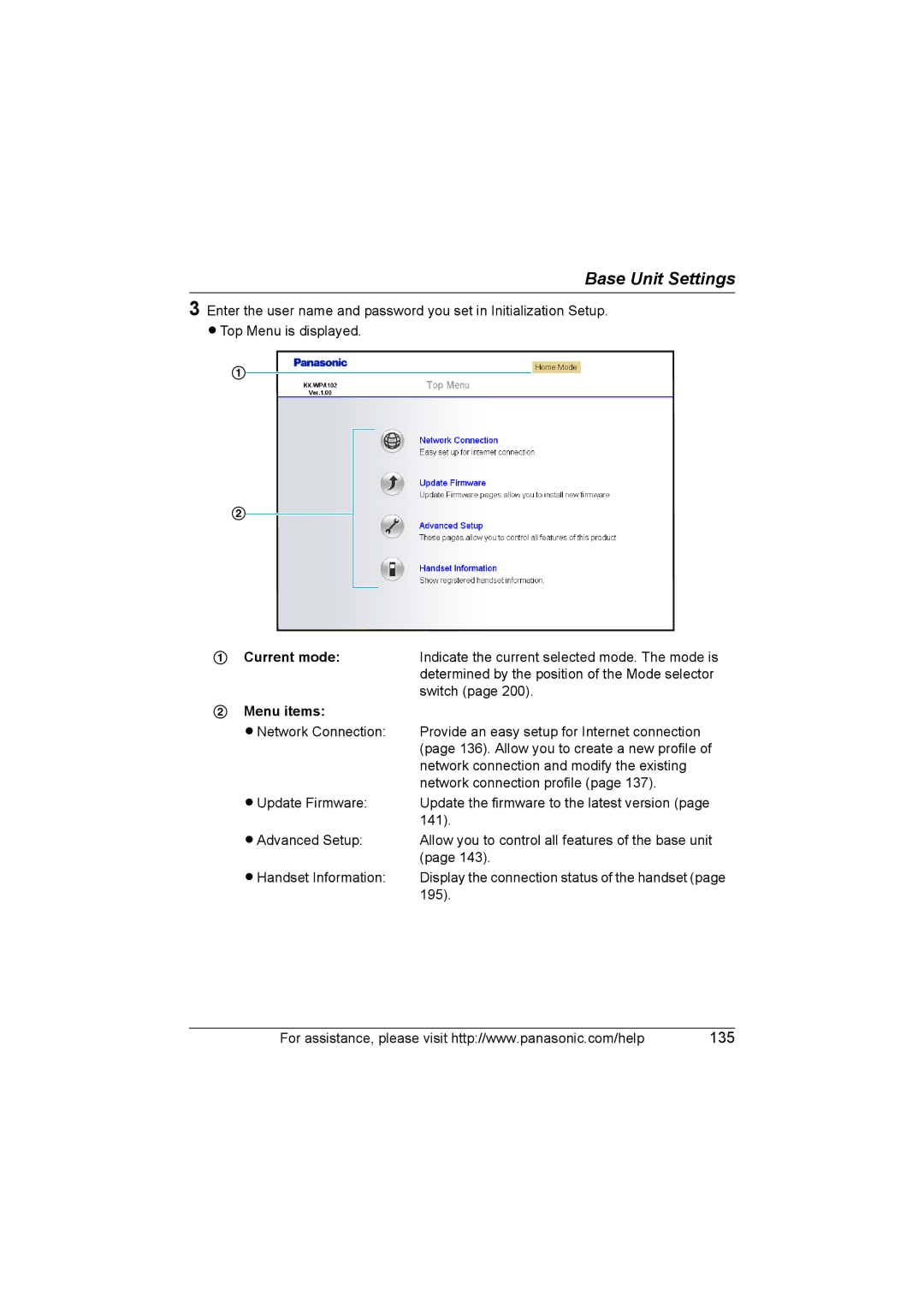 Panasonic KX WP1050 operating instructions Menu items 