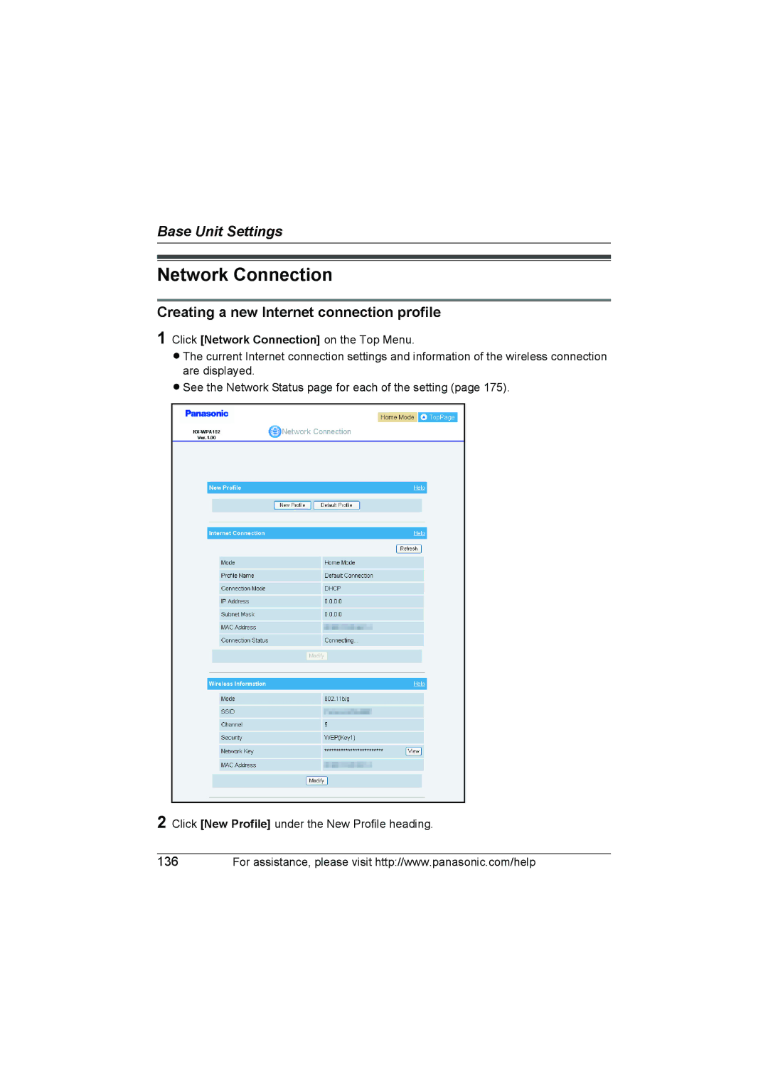 Panasonic KX WP1050 operating instructions Network Connection, Creating a new Internet connection profile 