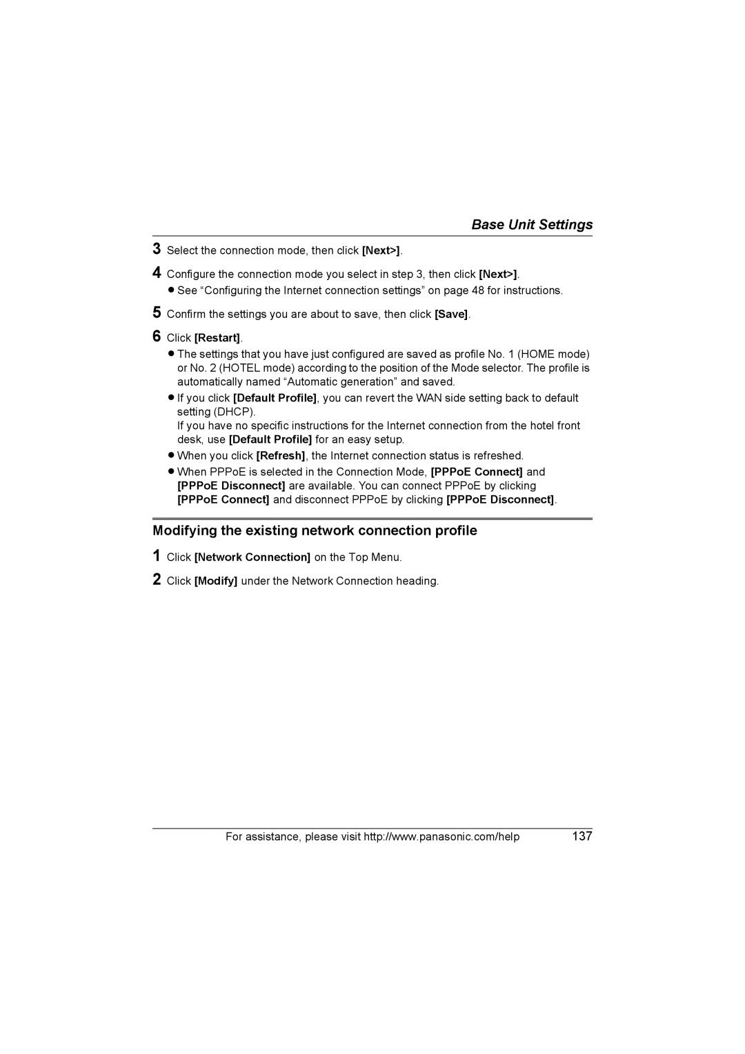 Panasonic KX WP1050 operating instructions Modifying the existing network connection profile, Click Restart 