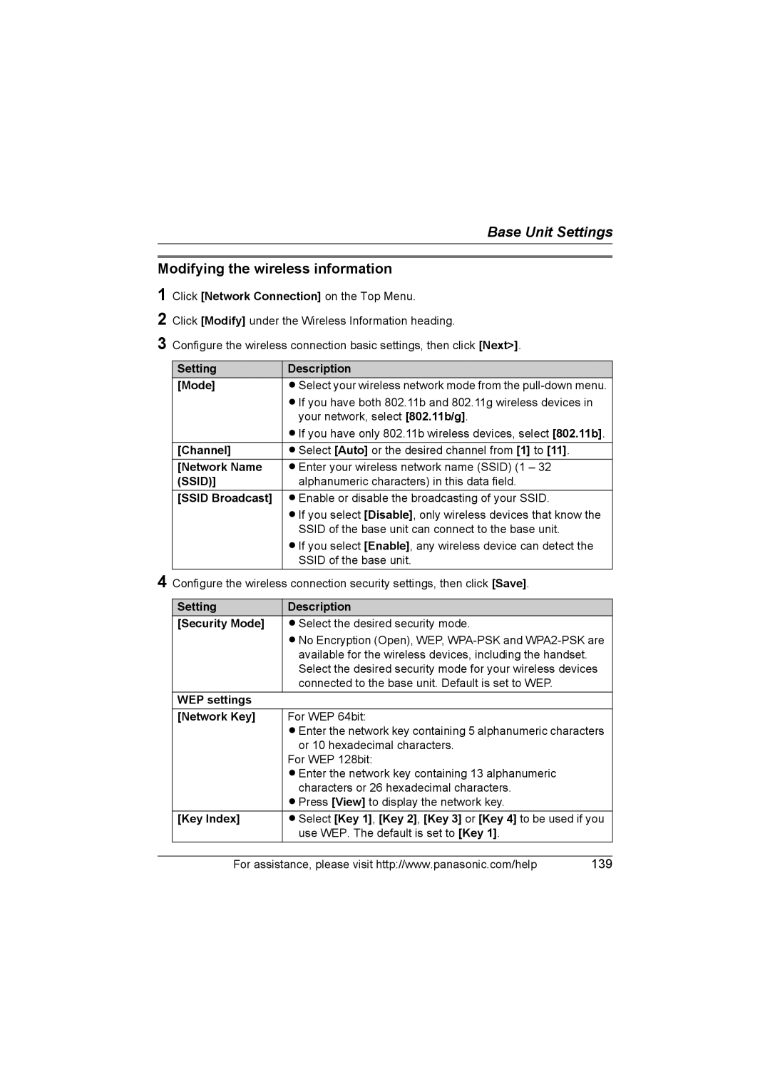 Panasonic KX WP1050 operating instructions Modifying the wireless information 