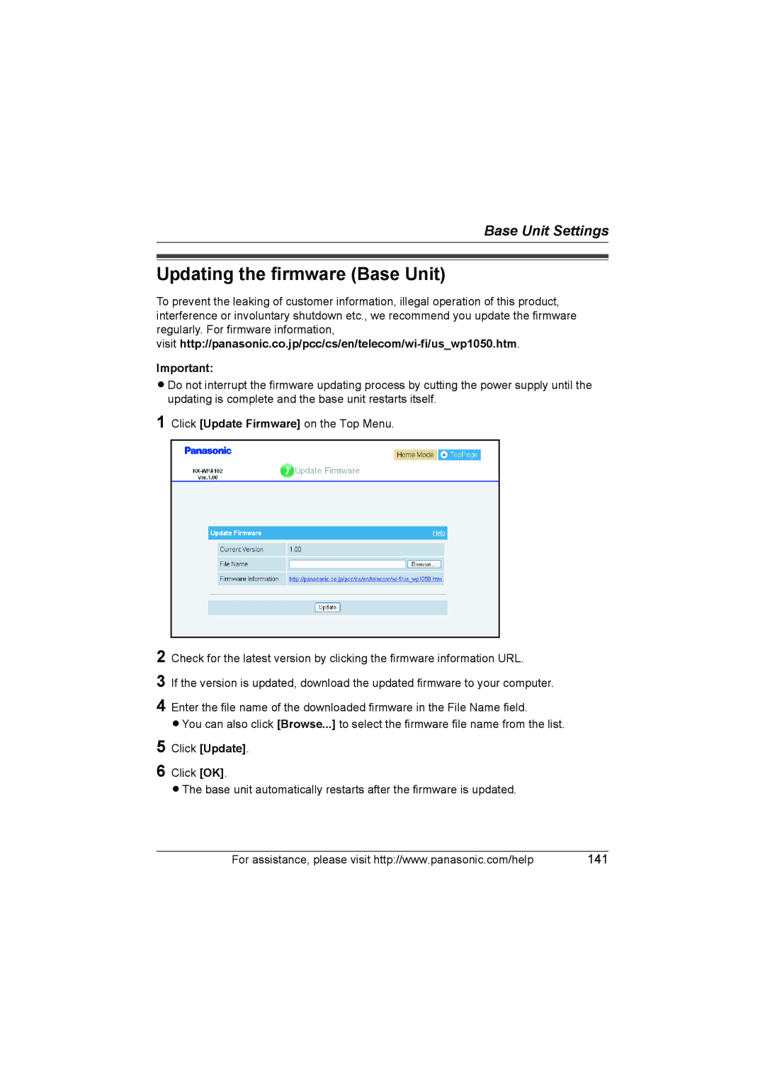 Panasonic KX WP1050 operating instructions Updating the firmware Base Unit, Click Update 