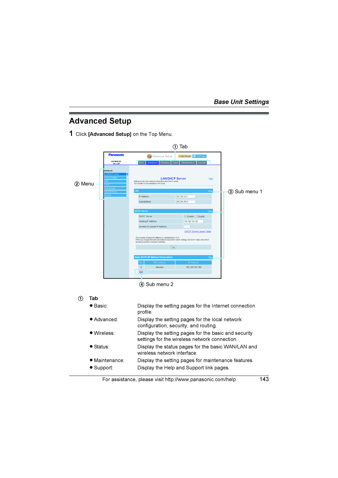 Panasonic KX WP1050 operating instructions Advanced Setup, Tab 