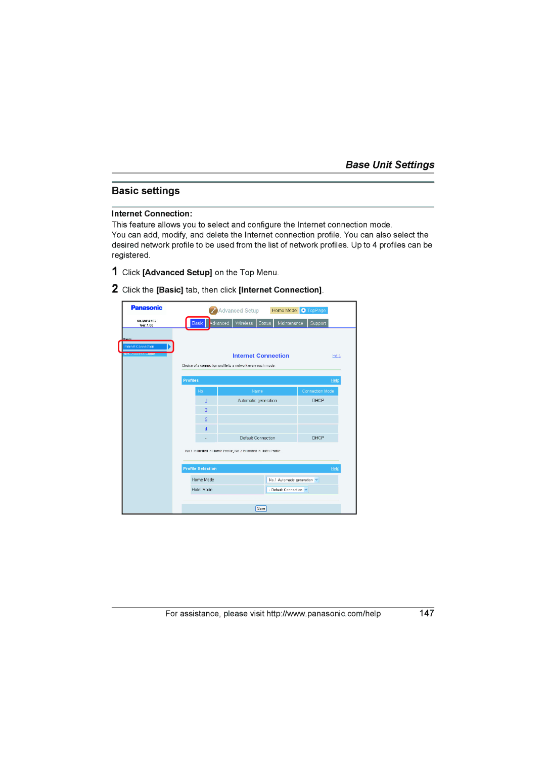 Panasonic KX WP1050 operating instructions Basic settings, Click the Basic tab, then click Internet Connection 