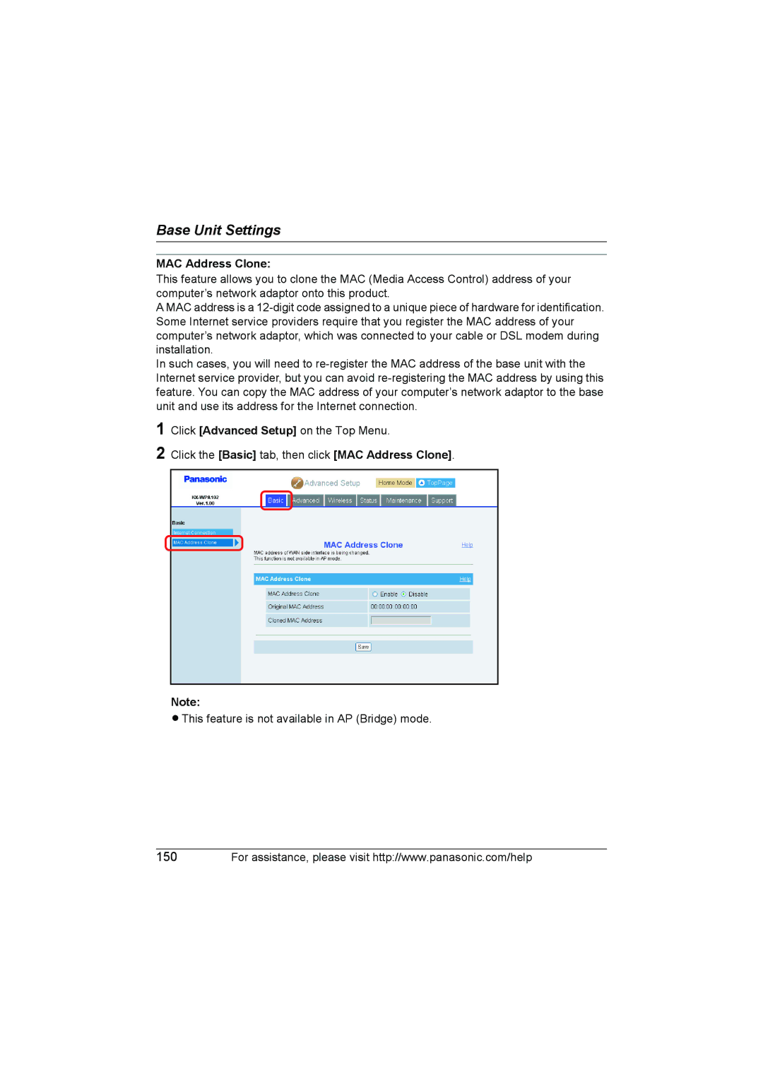 Panasonic KX WP1050 operating instructions MAC Address Clone 