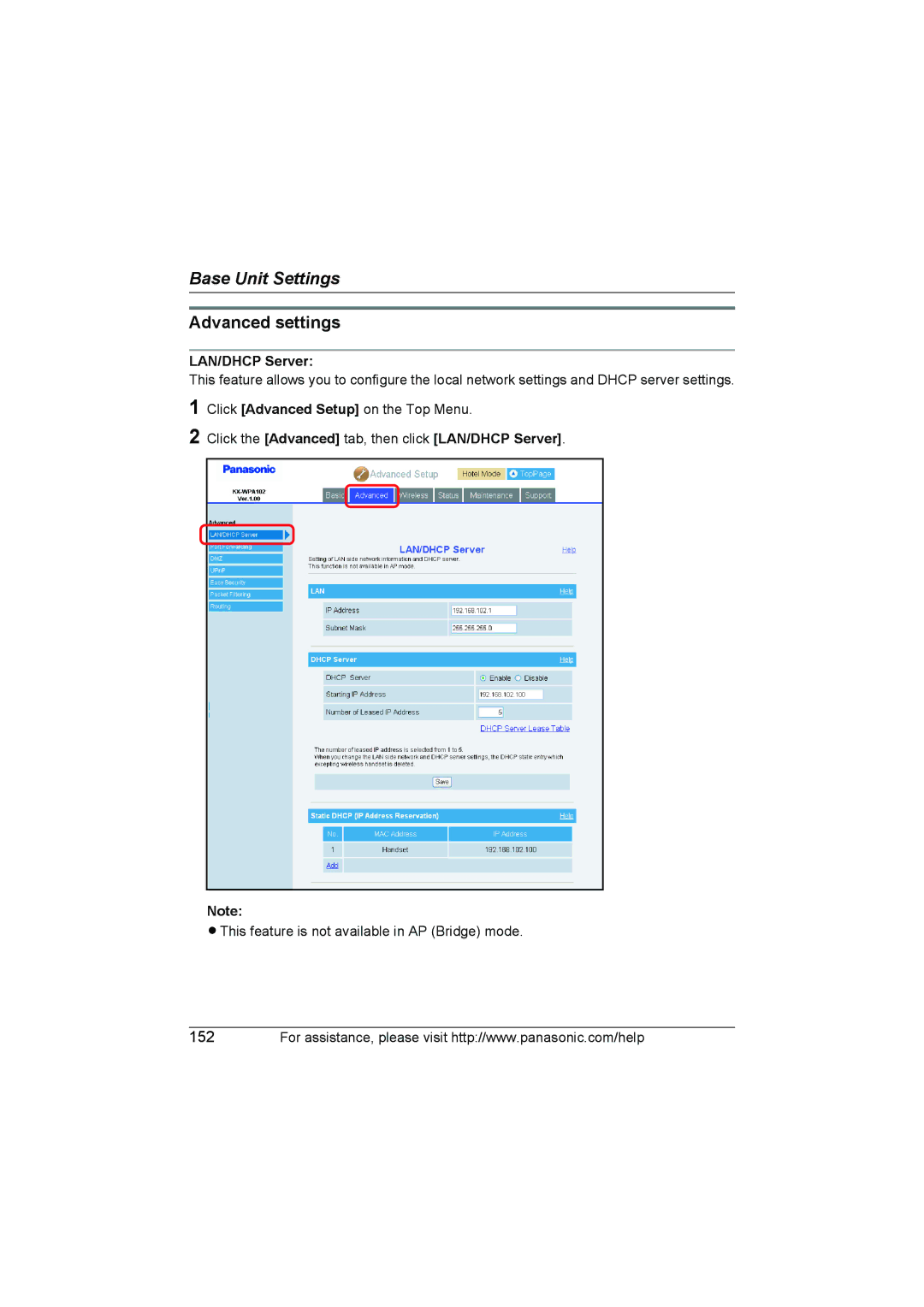 Panasonic KX WP1050 operating instructions Advanced settings, Click the Advanced tab, then click LAN/DHCP Server 