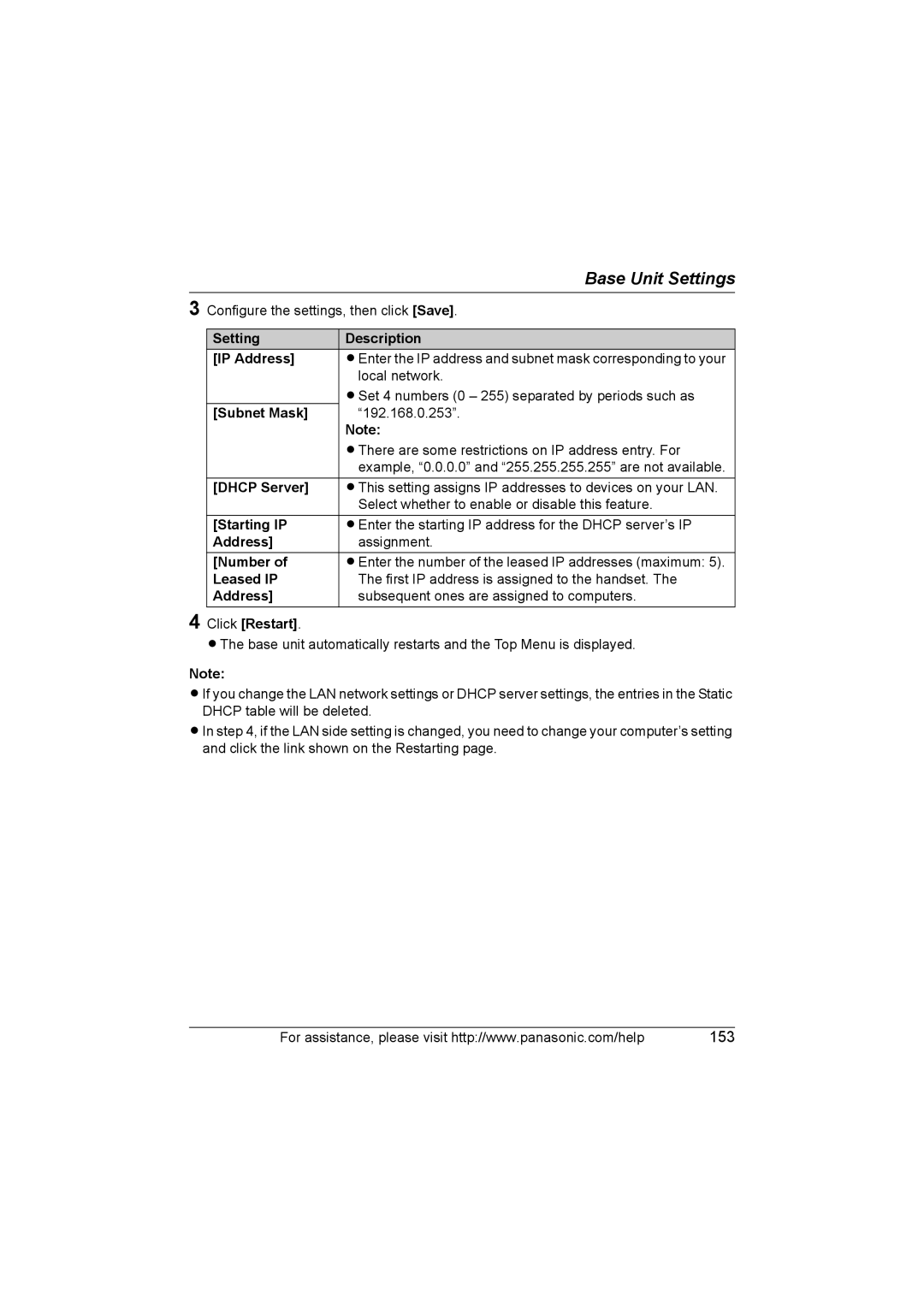 Panasonic KX WP1050 operating instructions Dhcp Server, Starting IP, Address, Number, Leased IP 