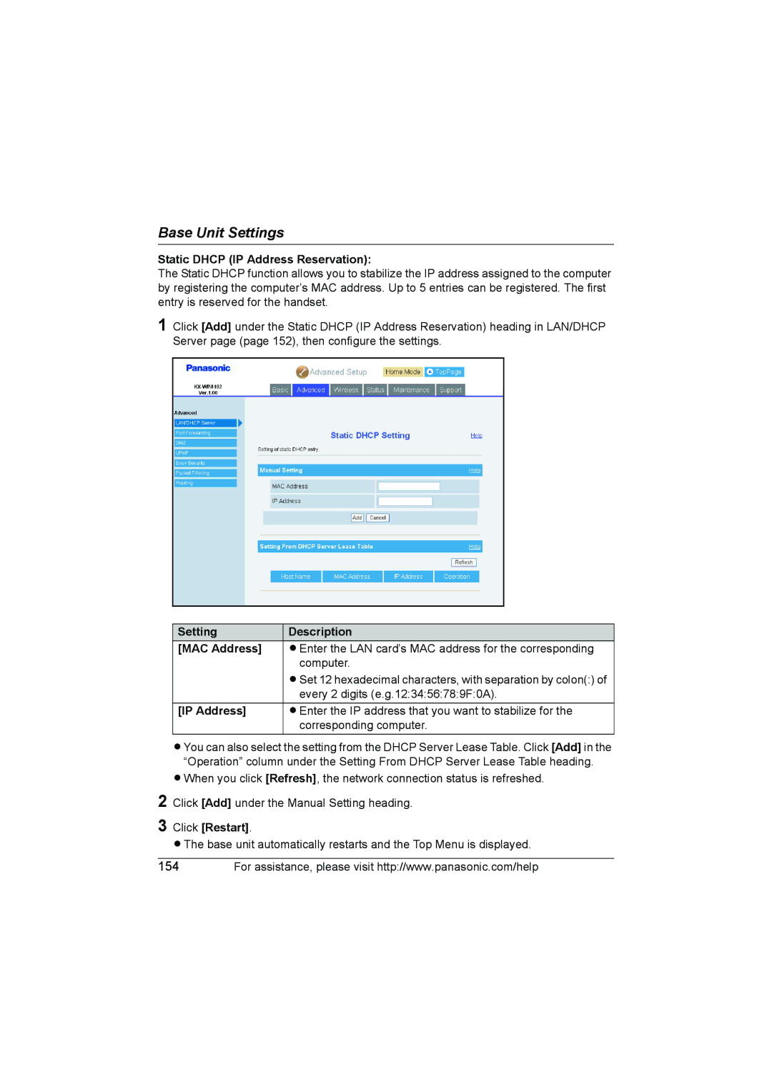 Panasonic KX WP1050 operating instructions Static Dhcp IP Address Reservation, Setting Description MAC Address 