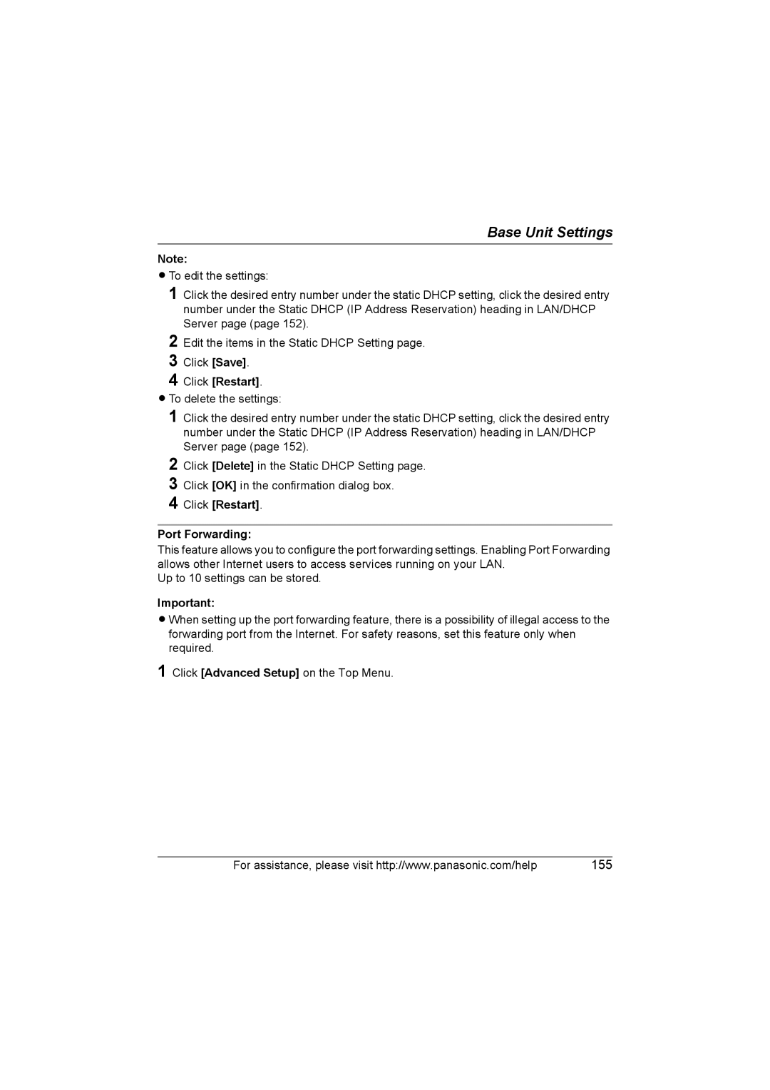 Panasonic KX WP1050 operating instructions Click Restart Port Forwarding 