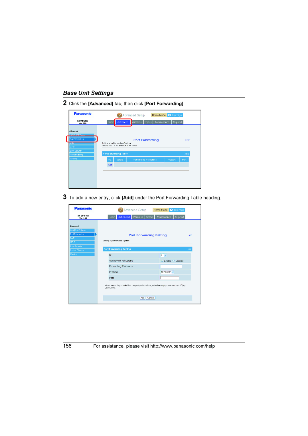 Panasonic KX WP1050 operating instructions Click the Advanced tab, then click Port Forwarding 