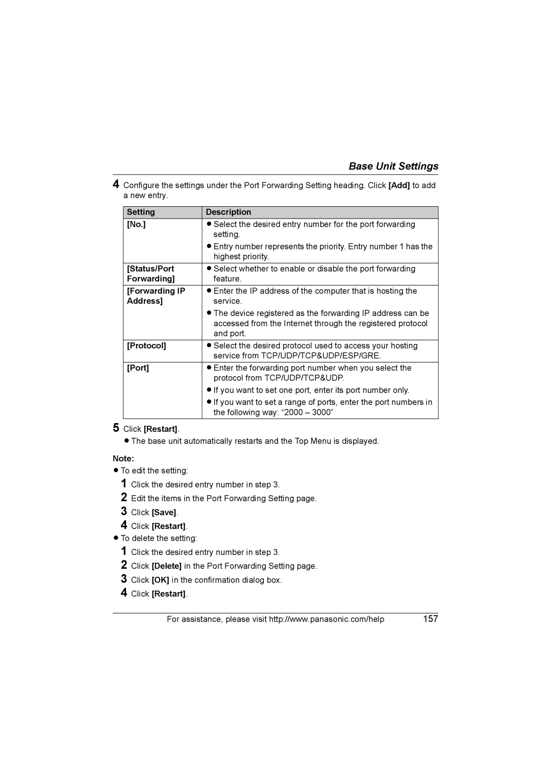 Panasonic KX WP1050 operating instructions Status/Port, Forwarding IP, Protocol 