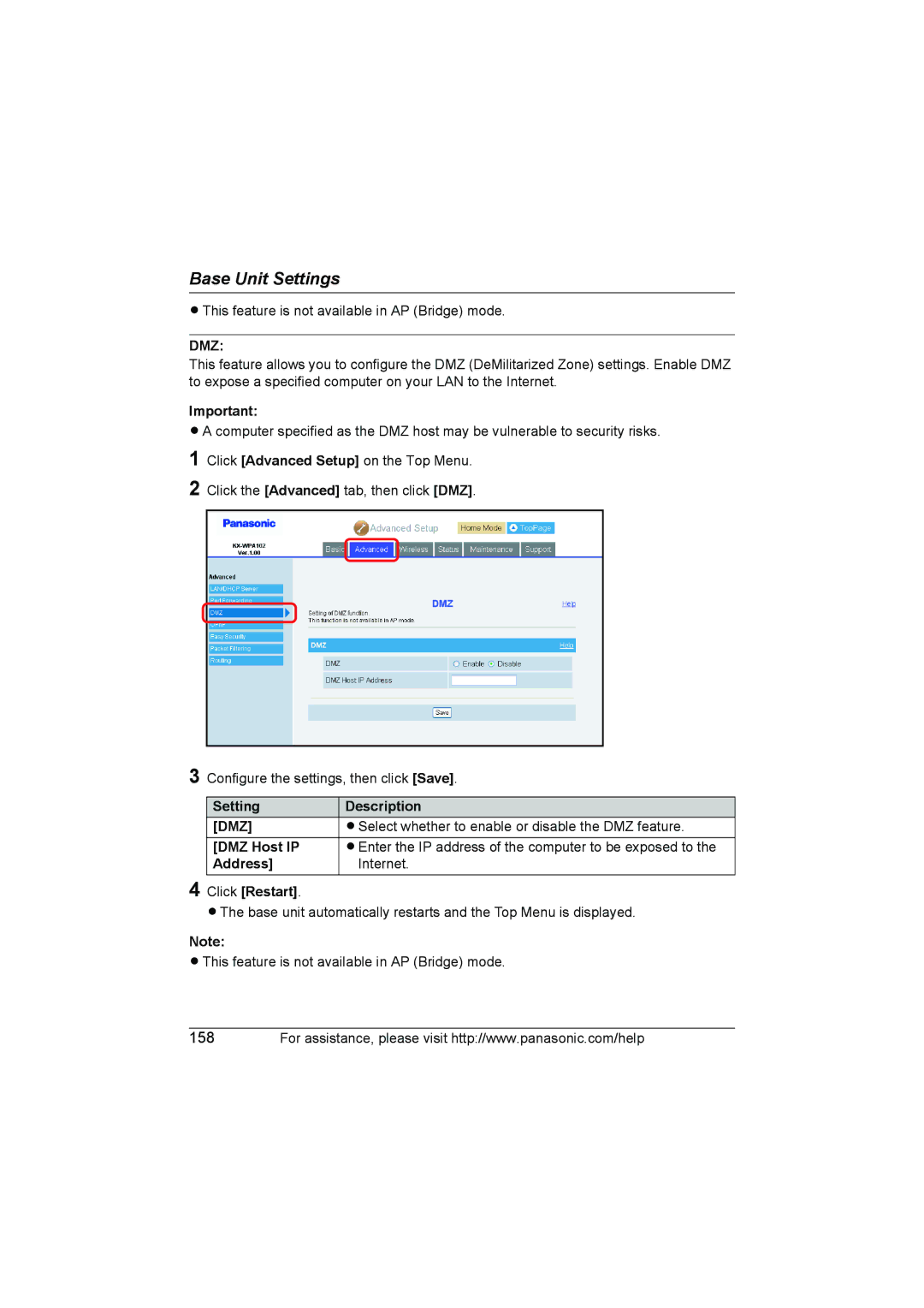 Panasonic KX WP1050 operating instructions Dmz, Select whether to enable or disable the DMZ feature 