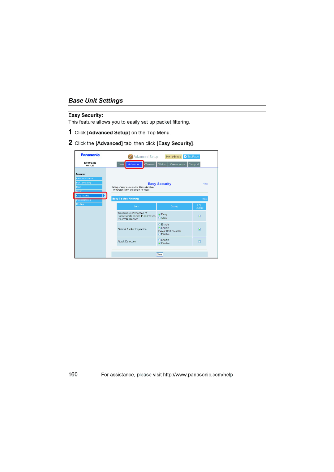 Panasonic KX WP1050 operating instructions Easy Security 