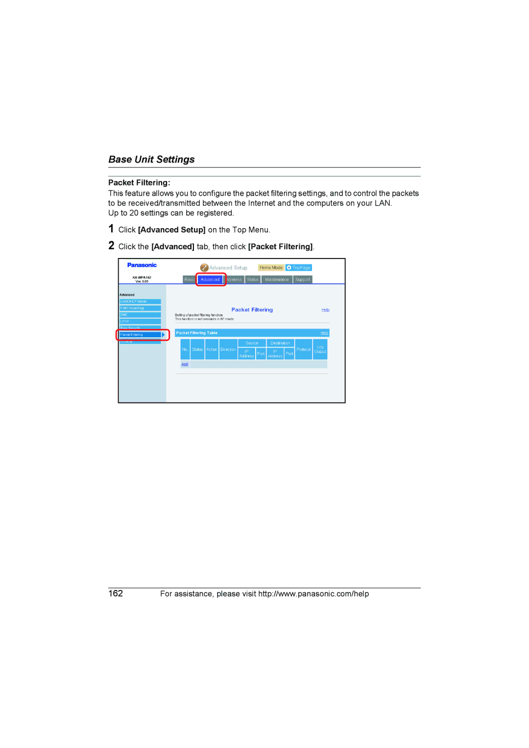 Panasonic KX WP1050 operating instructions Click the Advanced tab, then click Packet Filtering 