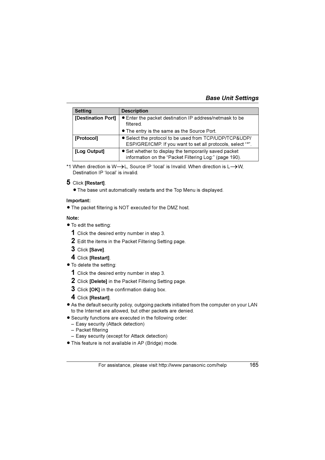 Panasonic KX WP1050 operating instructions Setting Description Destination Port, Log Output 