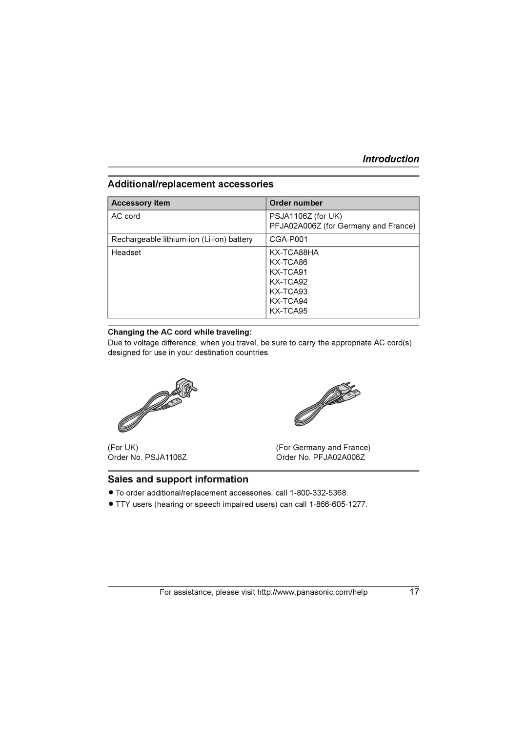 Panasonic KX WP1050 Additional/replacement accessories, Sales and support information, Accessory item Order number 