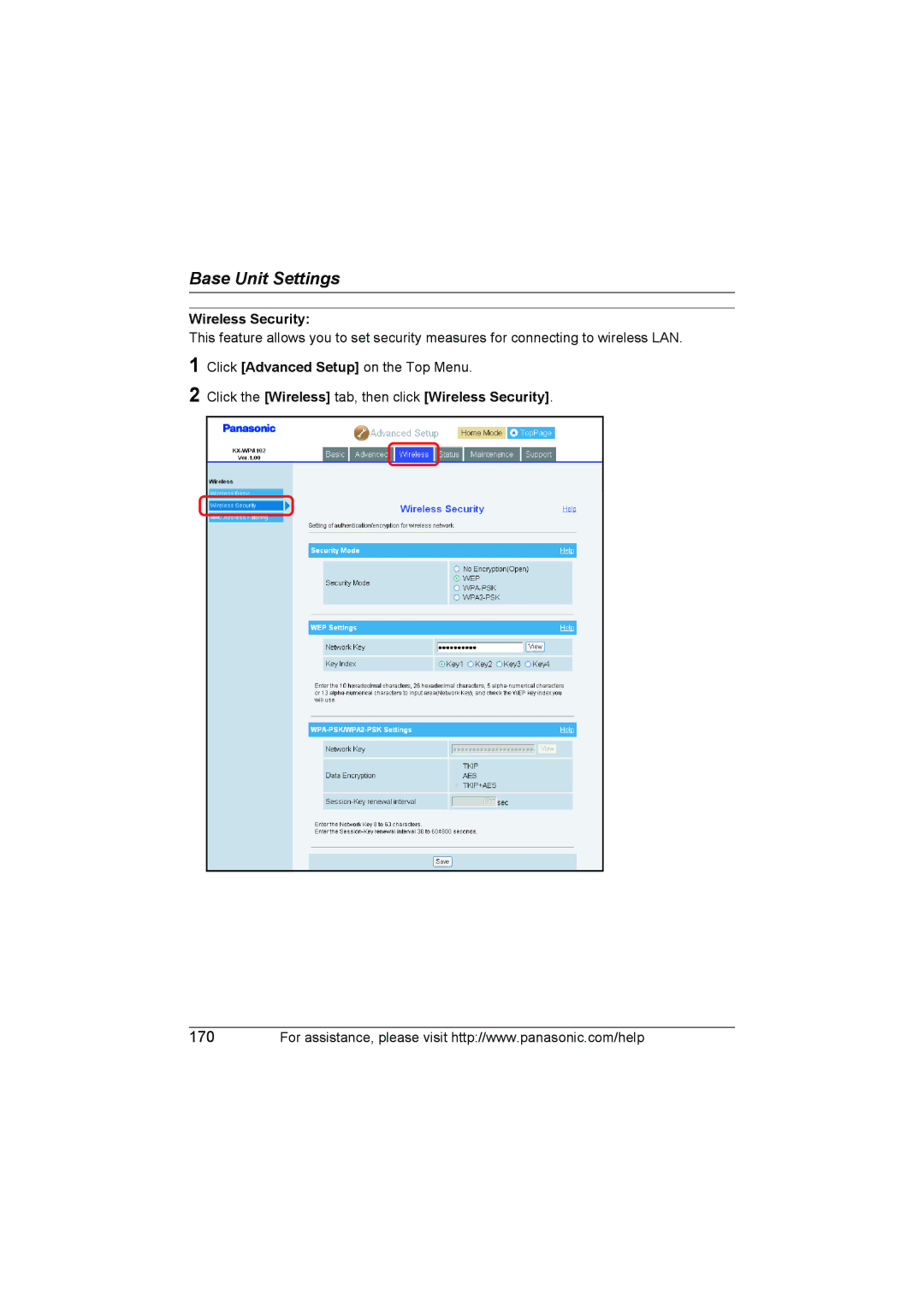 Panasonic KX WP1050 operating instructions Click the Wireless tab, then click Wireless Security 