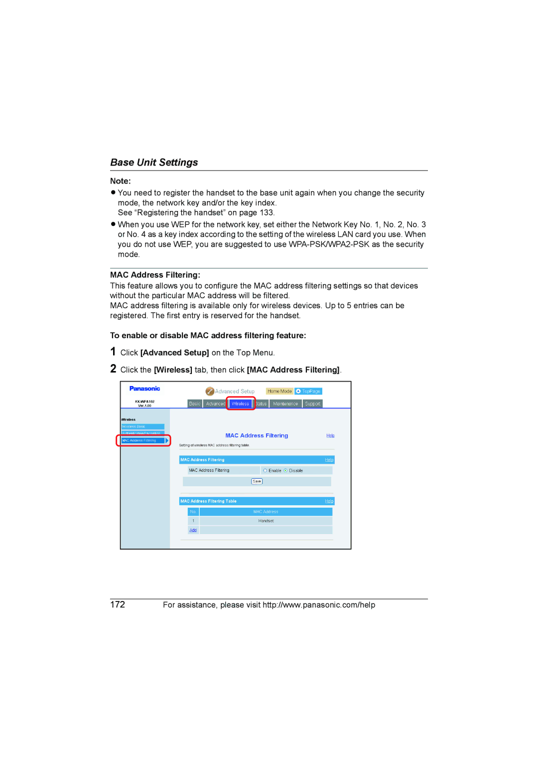 Panasonic KX WP1050 operating instructions MAC Address Filtering, To enable or disable MAC address filtering feature 