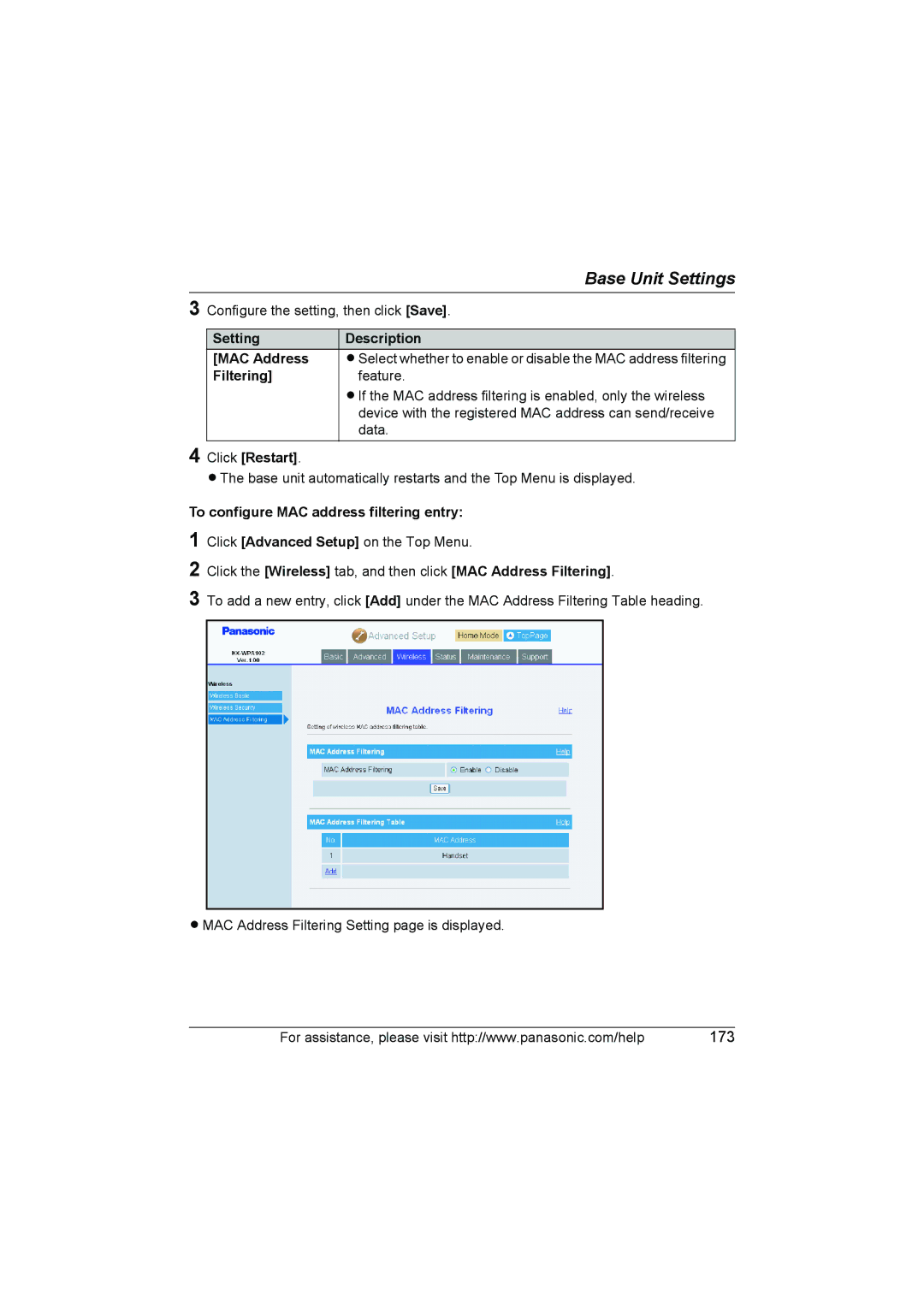 Panasonic KX WP1050 To configure MAC address filtering entry, Click the Wireless tab, and then click MAC Address Filtering 