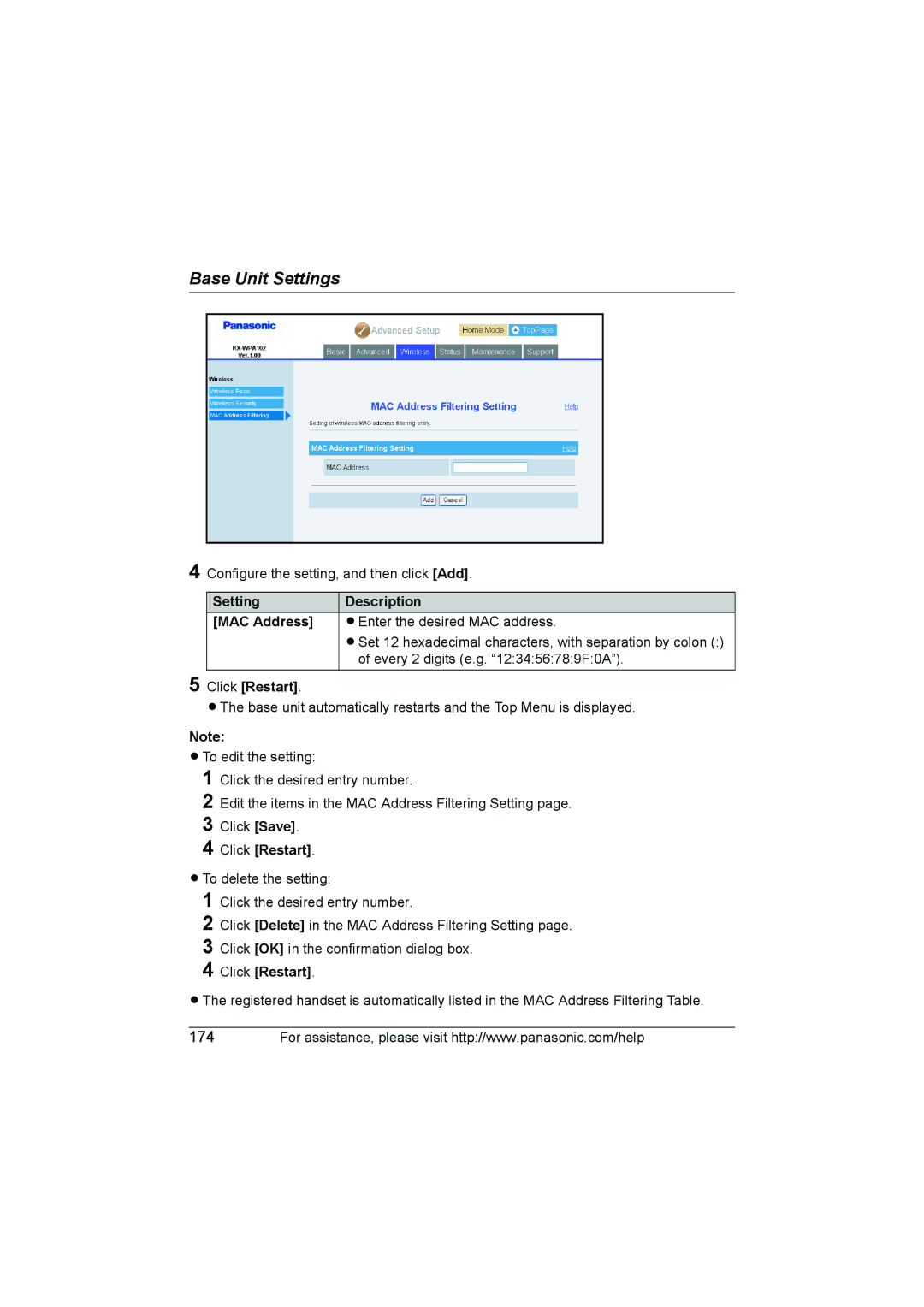 Panasonic KX WP1050 operating instructions Configure the setting, and then click Add 