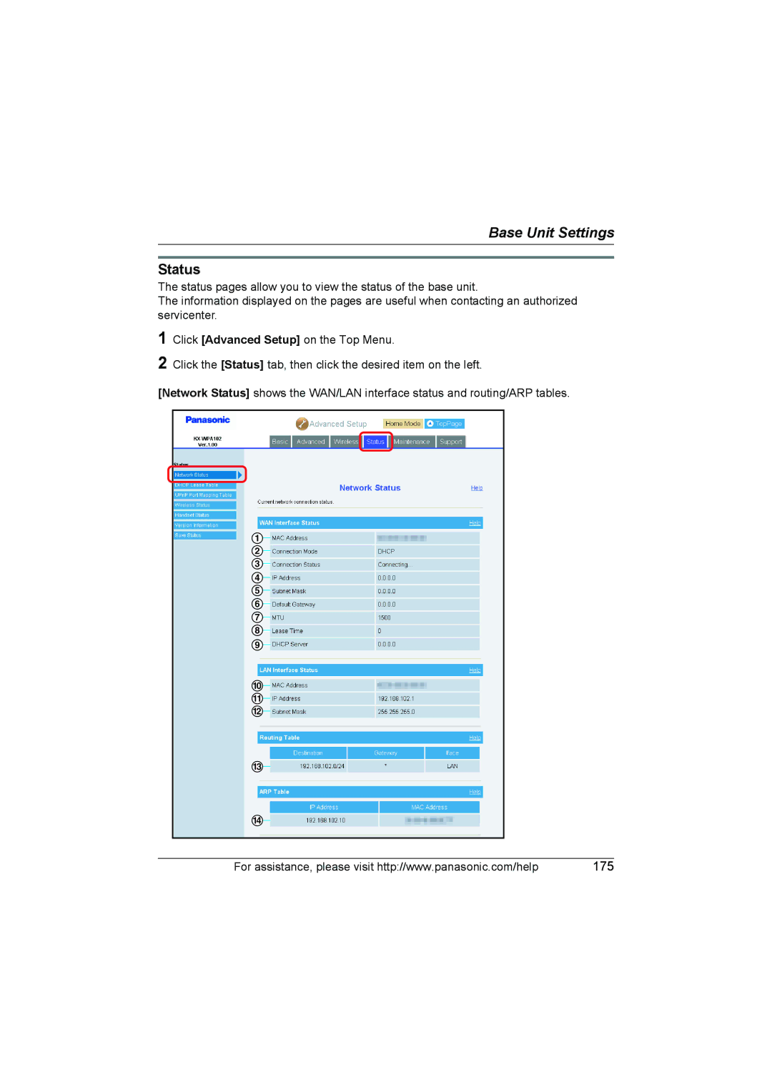 Panasonic KX WP1050 operating instructions Status 