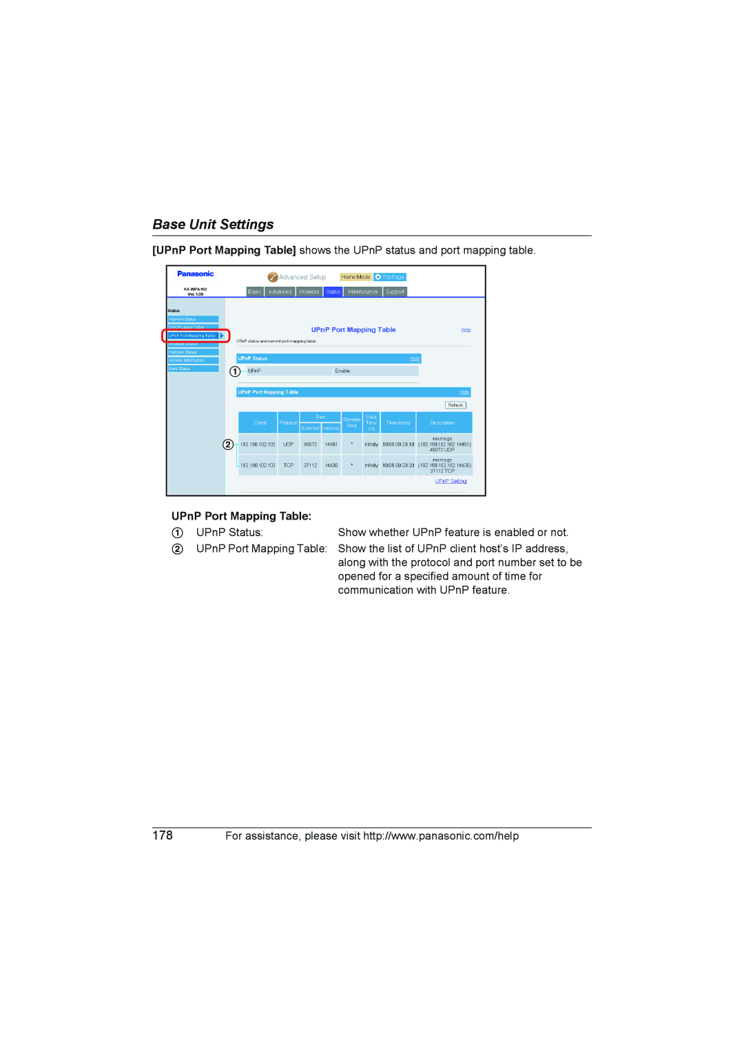 Panasonic KX WP1050 operating instructions UPnP Port Mapping Table 