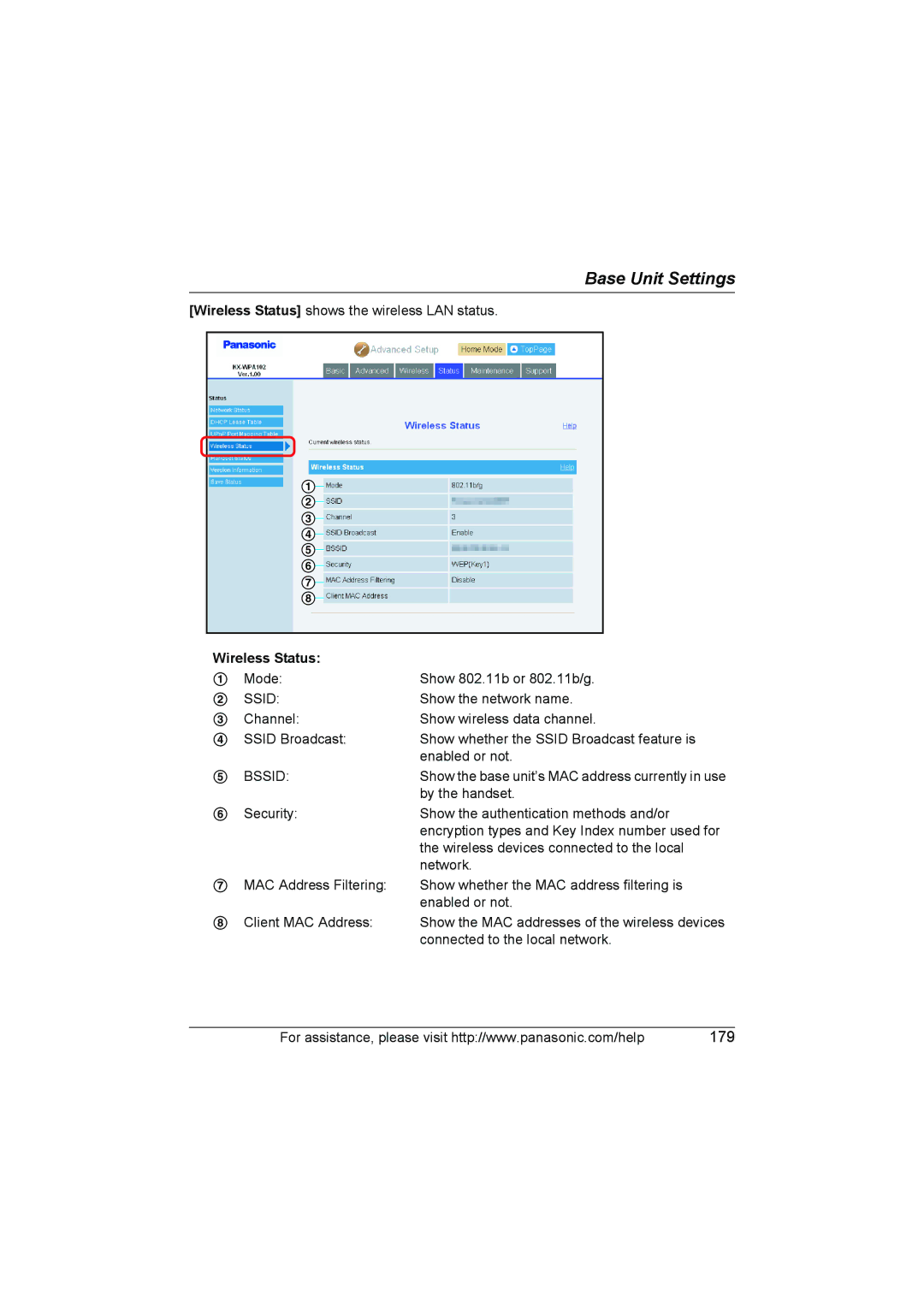 Panasonic KX WP1050 operating instructions Wireless Status, Bssid 