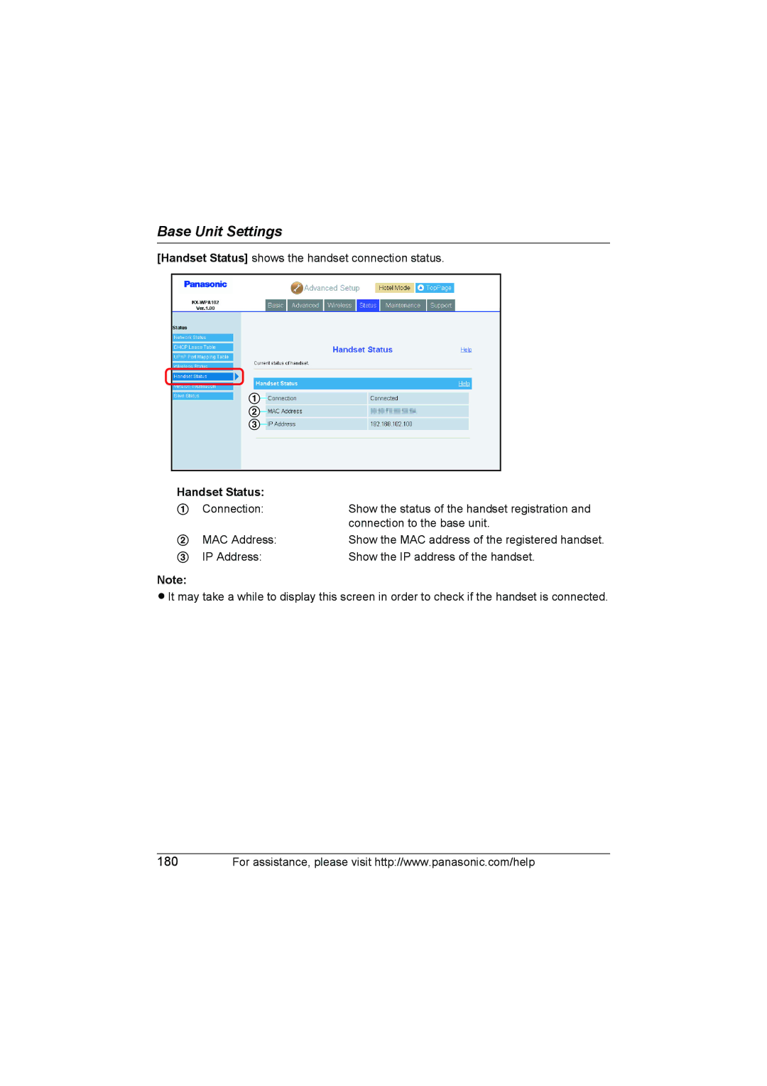 Panasonic KX WP1050 operating instructions Handset Status 