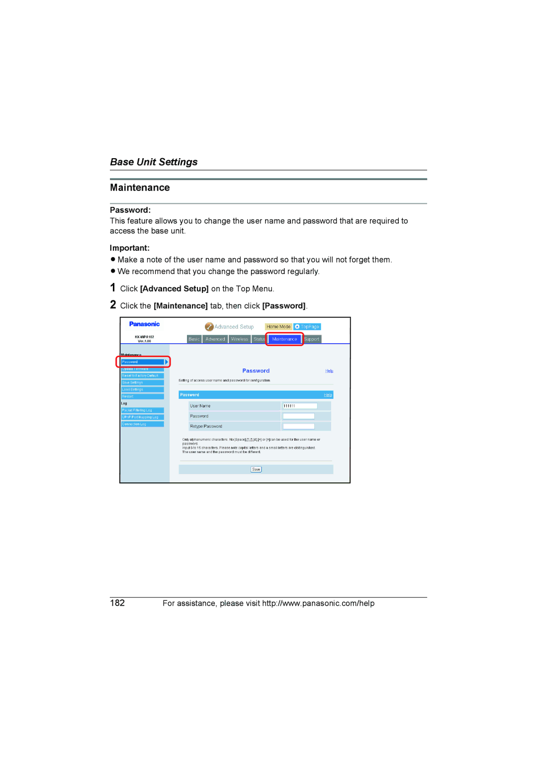 Panasonic KX WP1050 operating instructions Maintenance, Password 