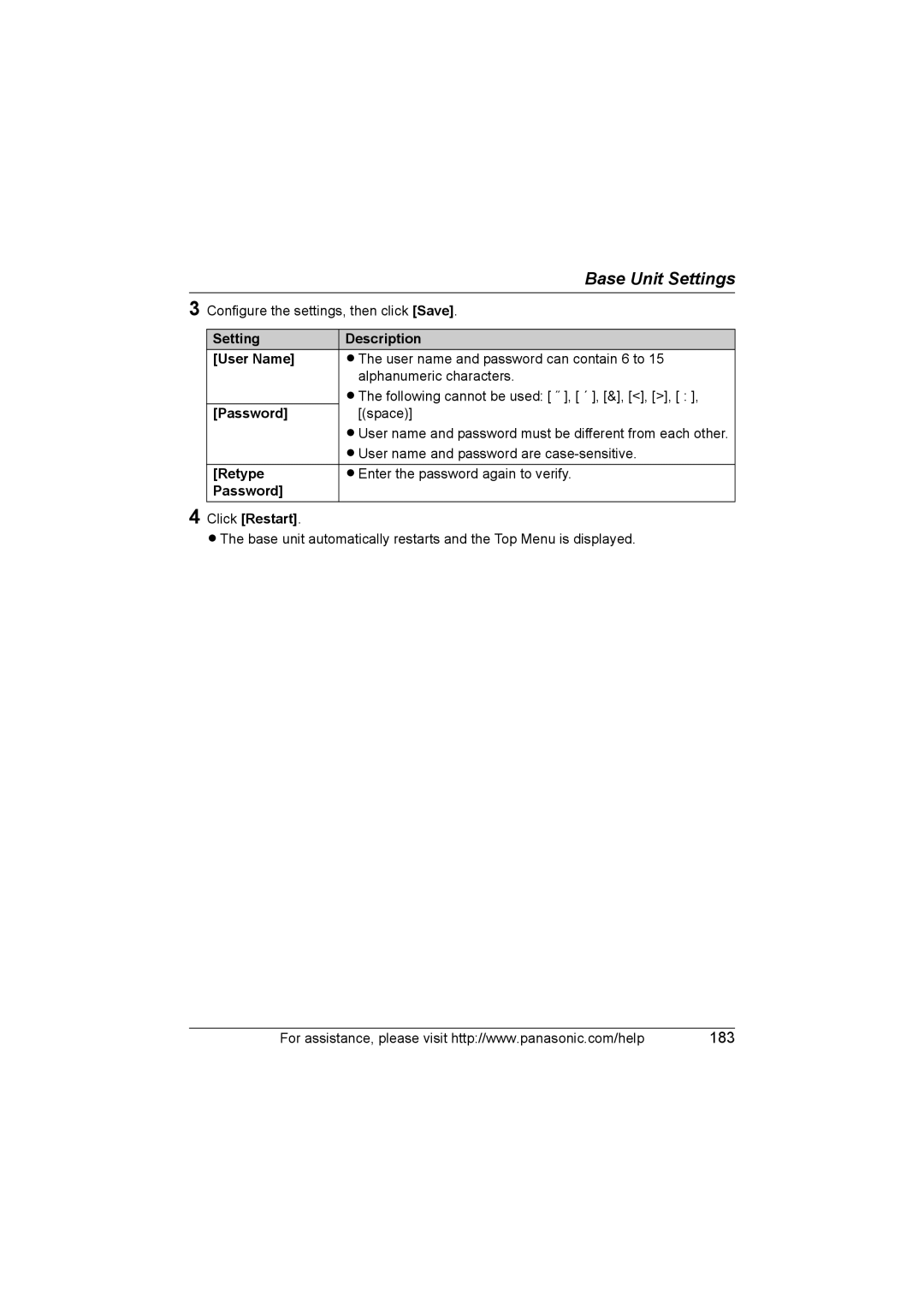 Panasonic KX WP1050 operating instructions Setting Description User Name, Password Click Restart 