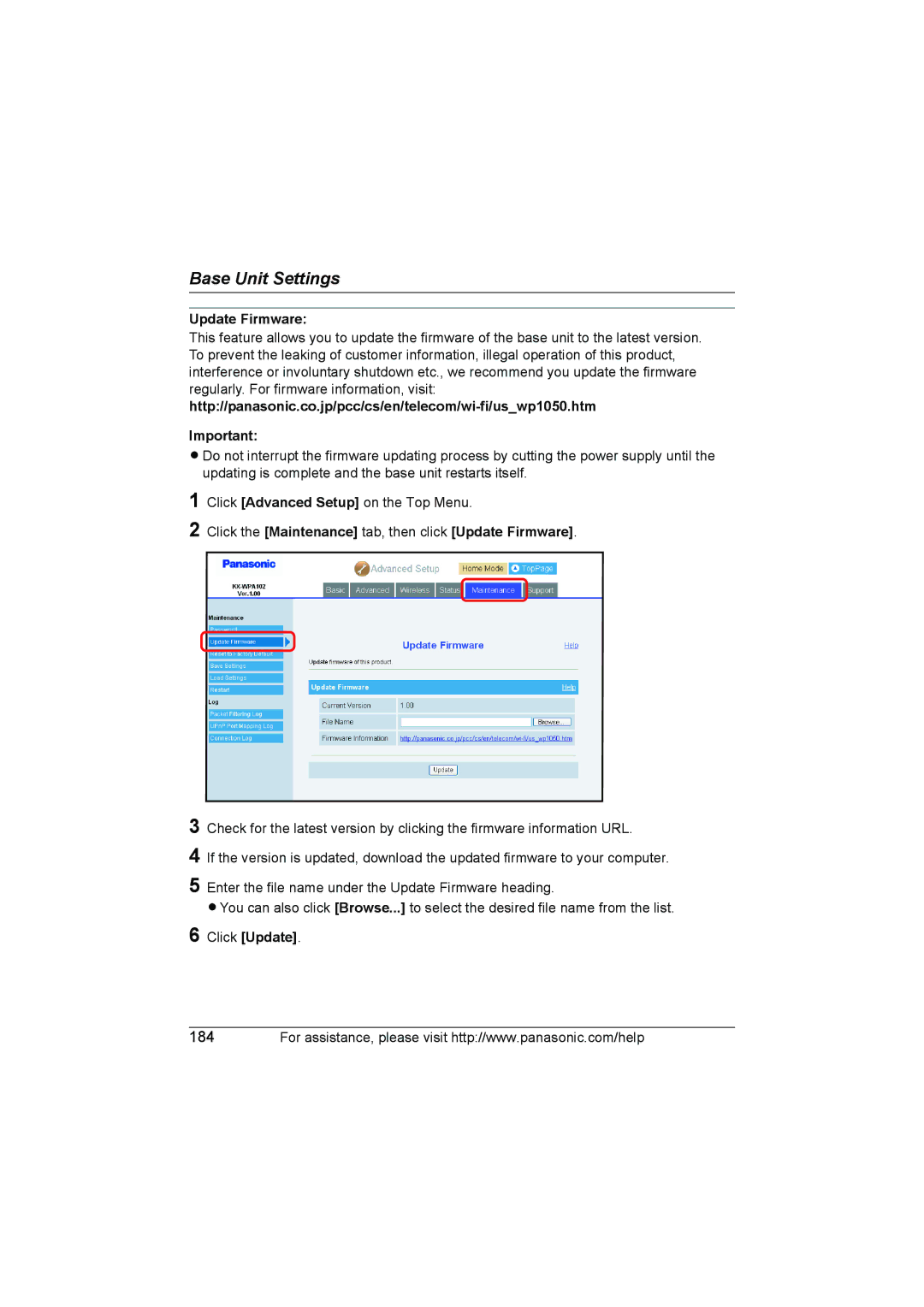 Panasonic KX WP1050 operating instructions Click the Maintenance tab, then click Update Firmware 