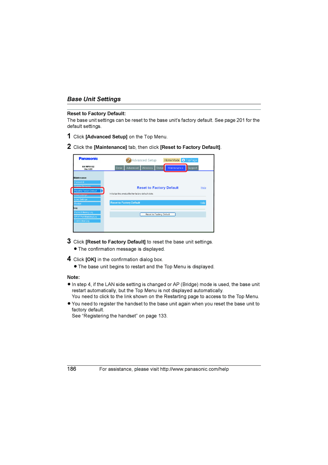 Panasonic KX WP1050 operating instructions Reset to Factory Default 