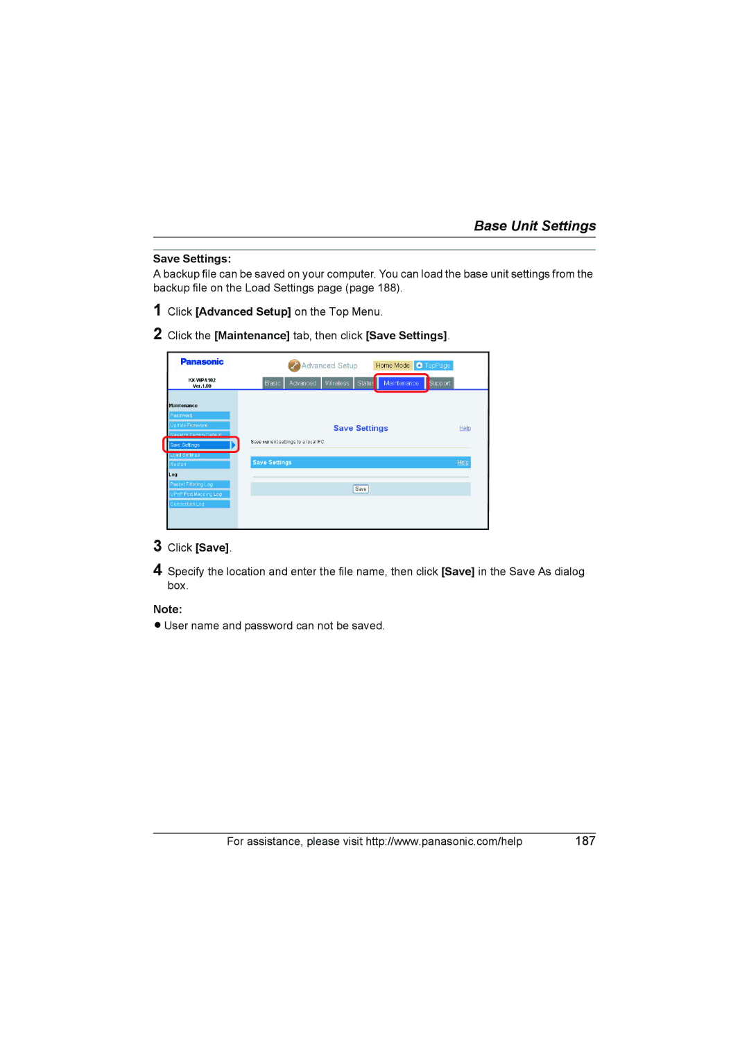 Panasonic KX WP1050 operating instructions Click the Maintenance tab, then click Save Settings 