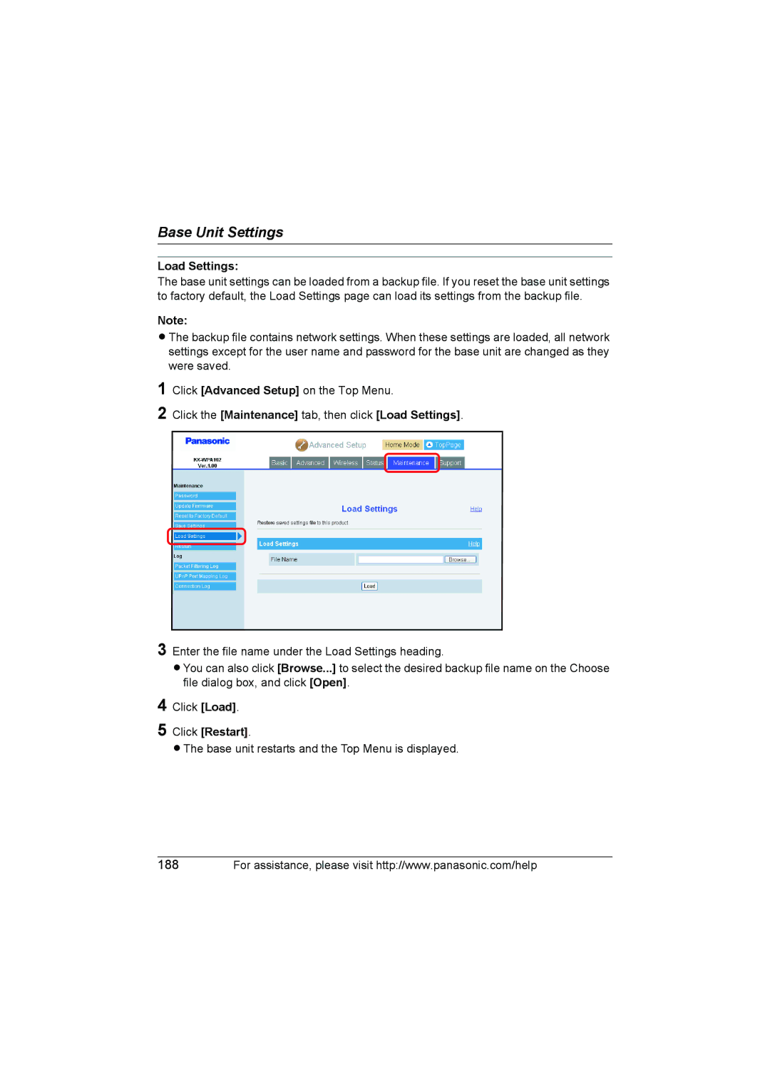 Panasonic KX WP1050 operating instructions Click the Maintenance tab, then click Load Settings 