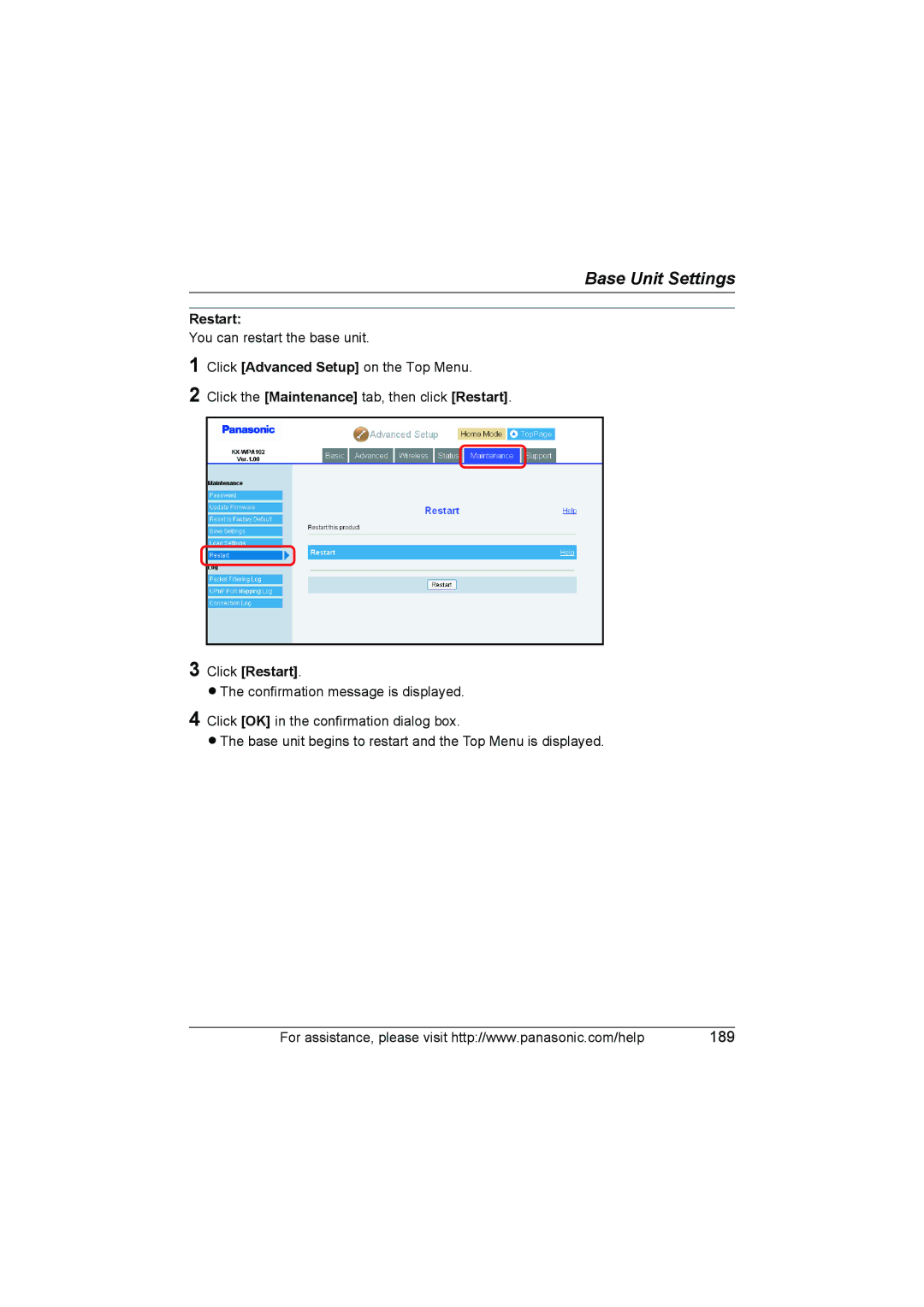 Panasonic KX WP1050 operating instructions Restart 