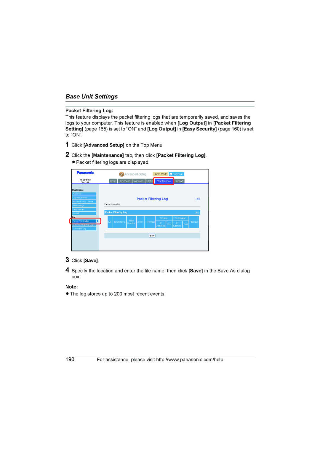 Panasonic KX WP1050 operating instructions Click the Maintenance tab, then click Packet Filtering Log 