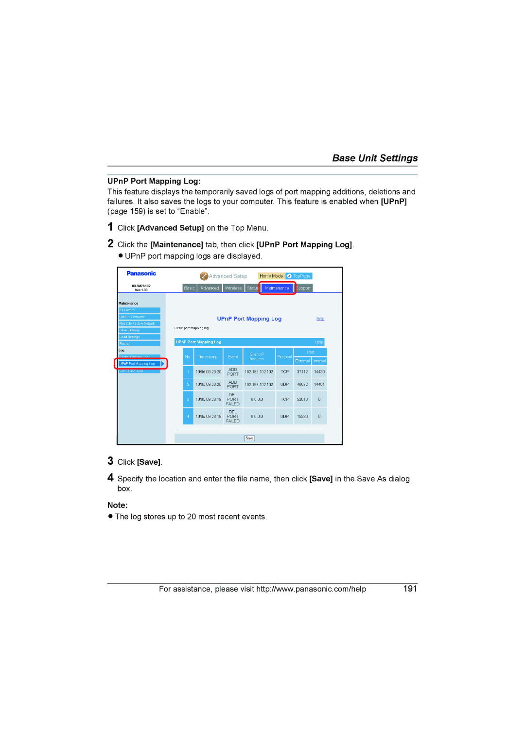 Panasonic KX WP1050 operating instructions Click the Maintenance tab, then click UPnP Port Mapping Log 