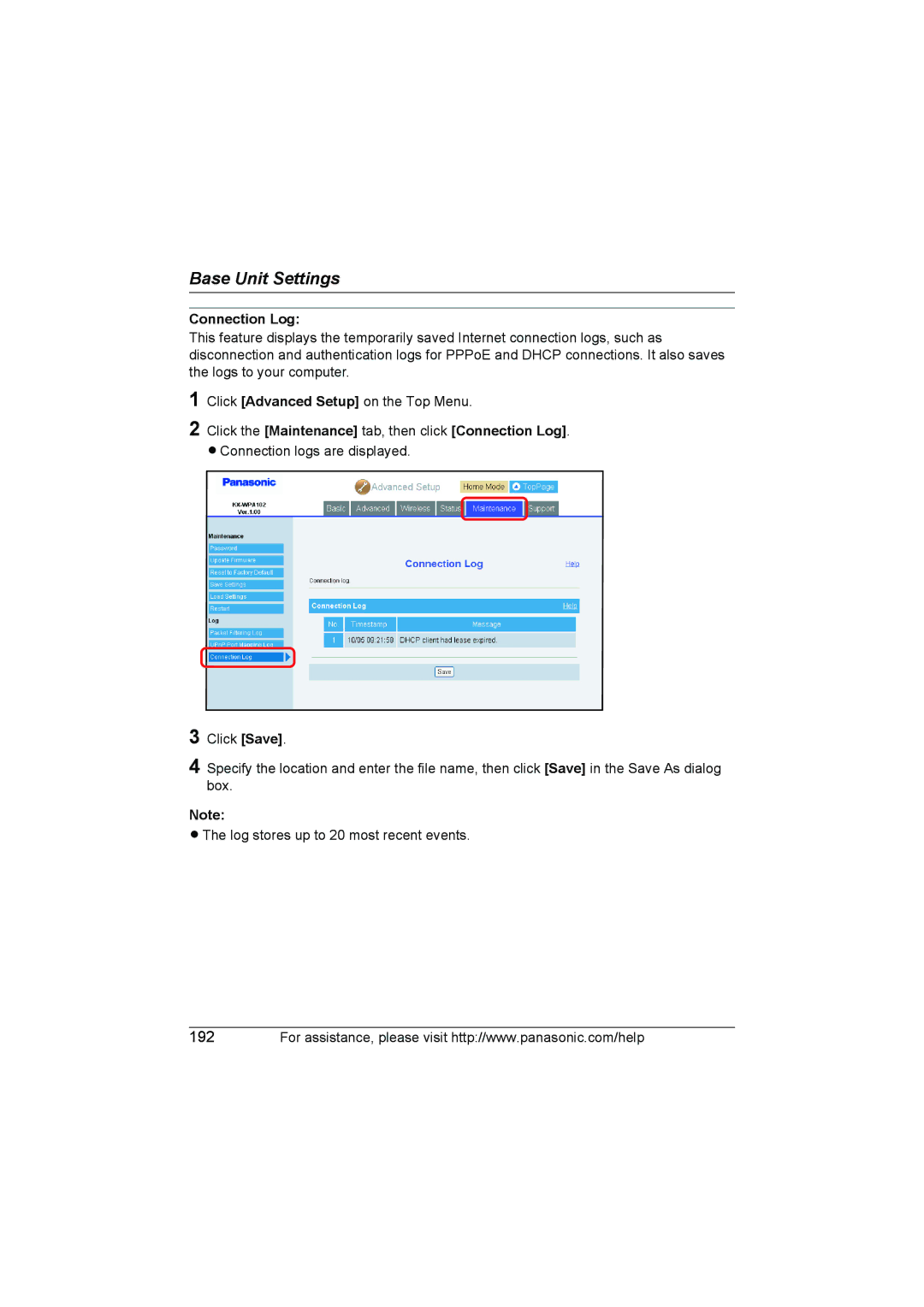 Panasonic KX WP1050 operating instructions Click the Maintenance tab, then click Connection Log 