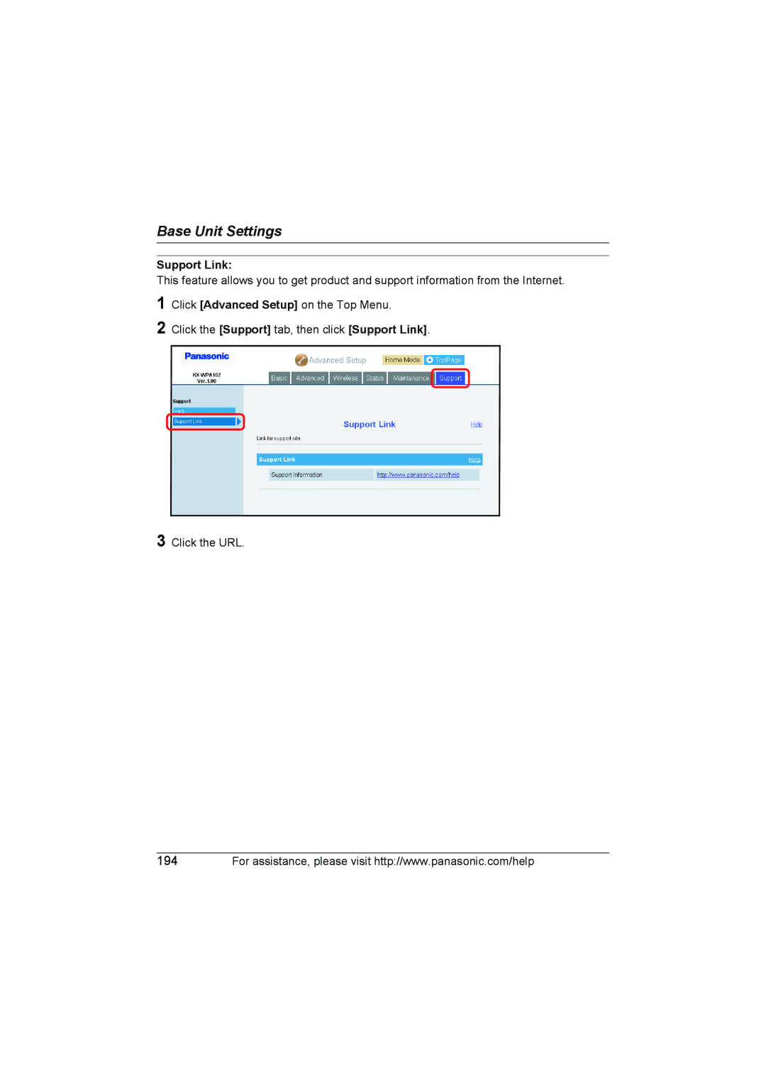 Panasonic KX WP1050 operating instructions Support Link 